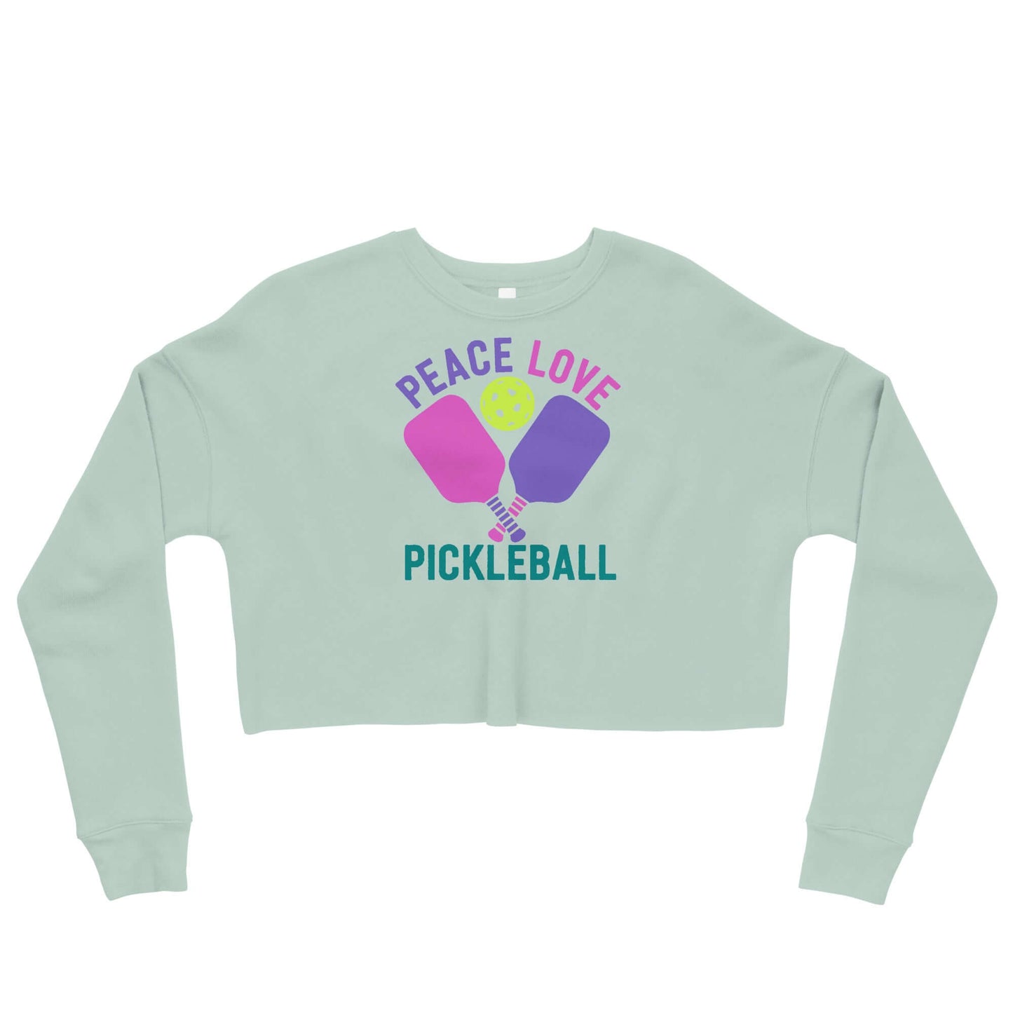 Light green crop sweatshirt featuring 'Peace Love Pickleball' graphic design.