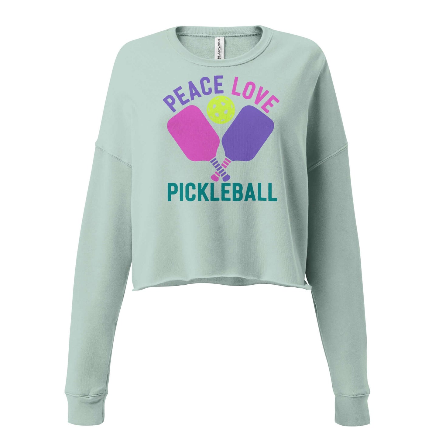 Women's crop sweatshirt in mint green with 'Peace Love Pickleball' graphic design.