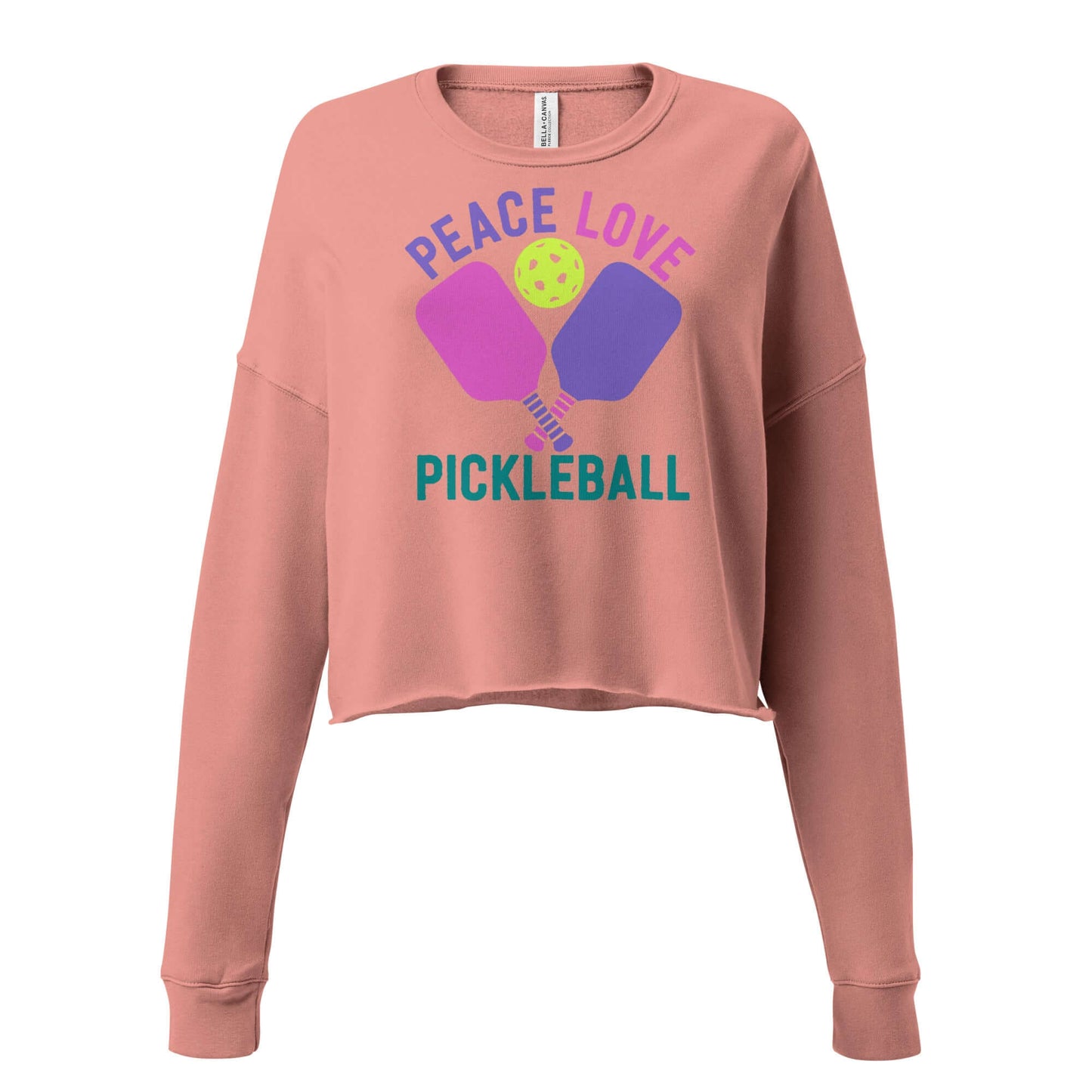 Women's crop sweatshirt featuring colorful 'Peace Love Pickleball' graphic, perfect for stylish pickleball fans.