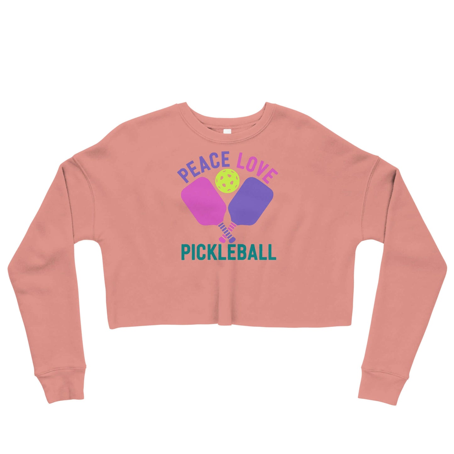 Women's crop sweatshirt with 'Peace Love Pickleball' design in pink and purple.