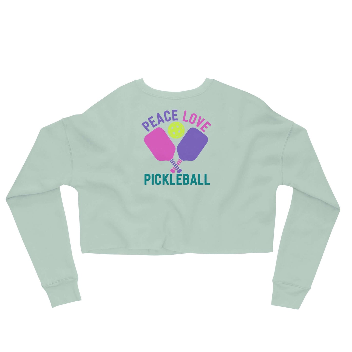 Women's mint green crop sweatshirt with 'Peace Love Pickleball' graphic design.