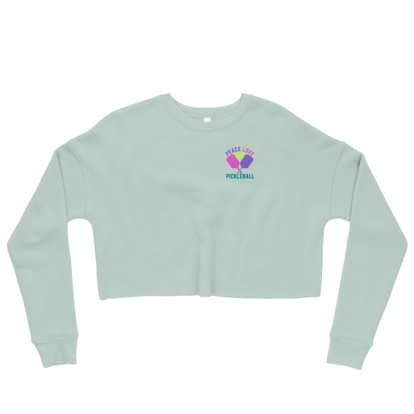 Women's crop sweatshirt featuring 'Peace, Love, Pickleball' design in a trendy mint green color.