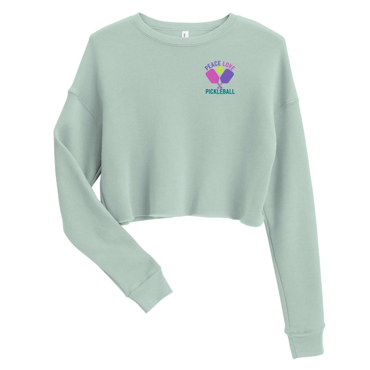 Women's cropped sweatshirt in mint green featuring Peace Love Pickleball logo.