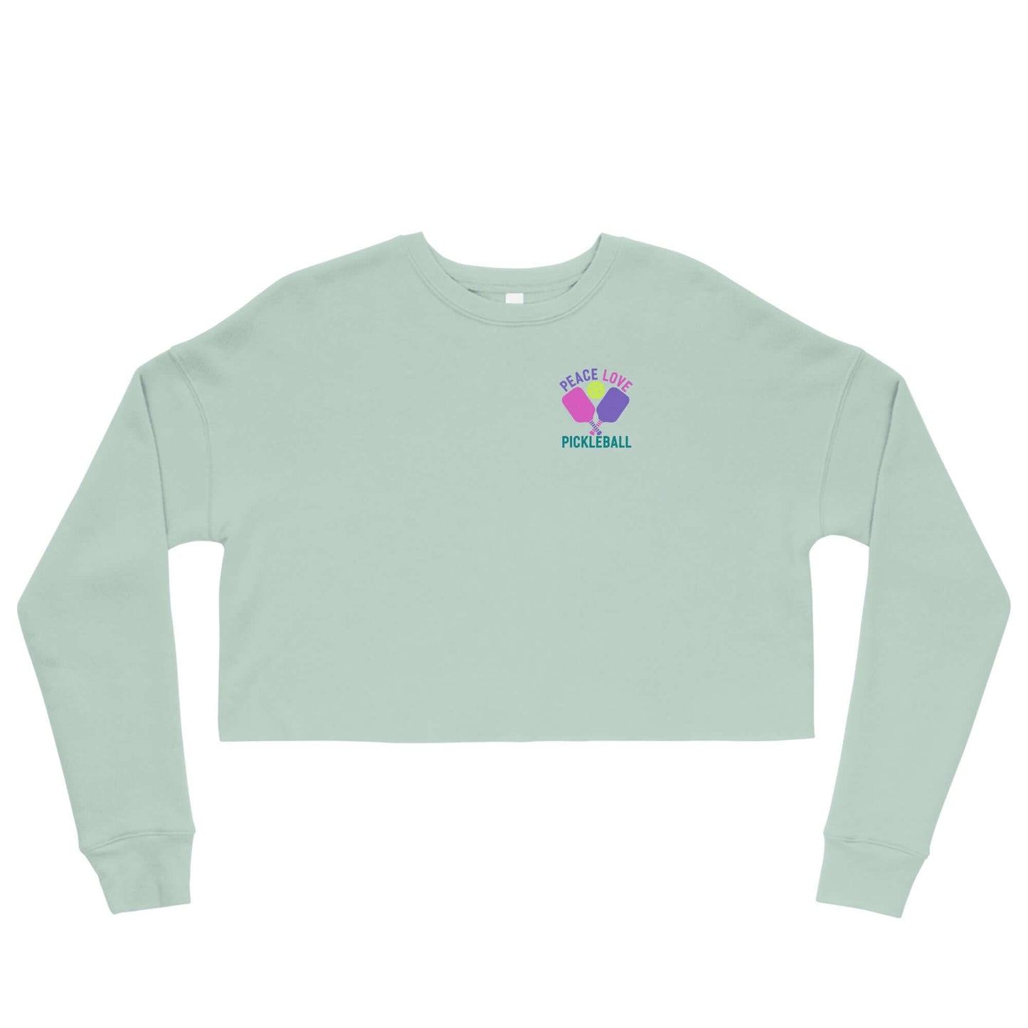 Women's mint green crop sweatshirt featuring 'Peace Love Pickleball' graphic design.