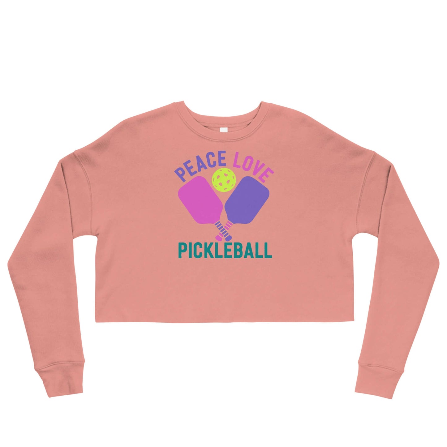 Women's crop sweatshirt with 'Peace Love Pickleball' graphic design in pink and purple.