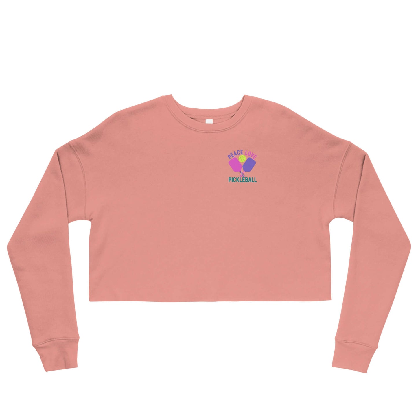 Women's crop sweatshirt in peach with 'Peace Love Pickleball' graphic design.