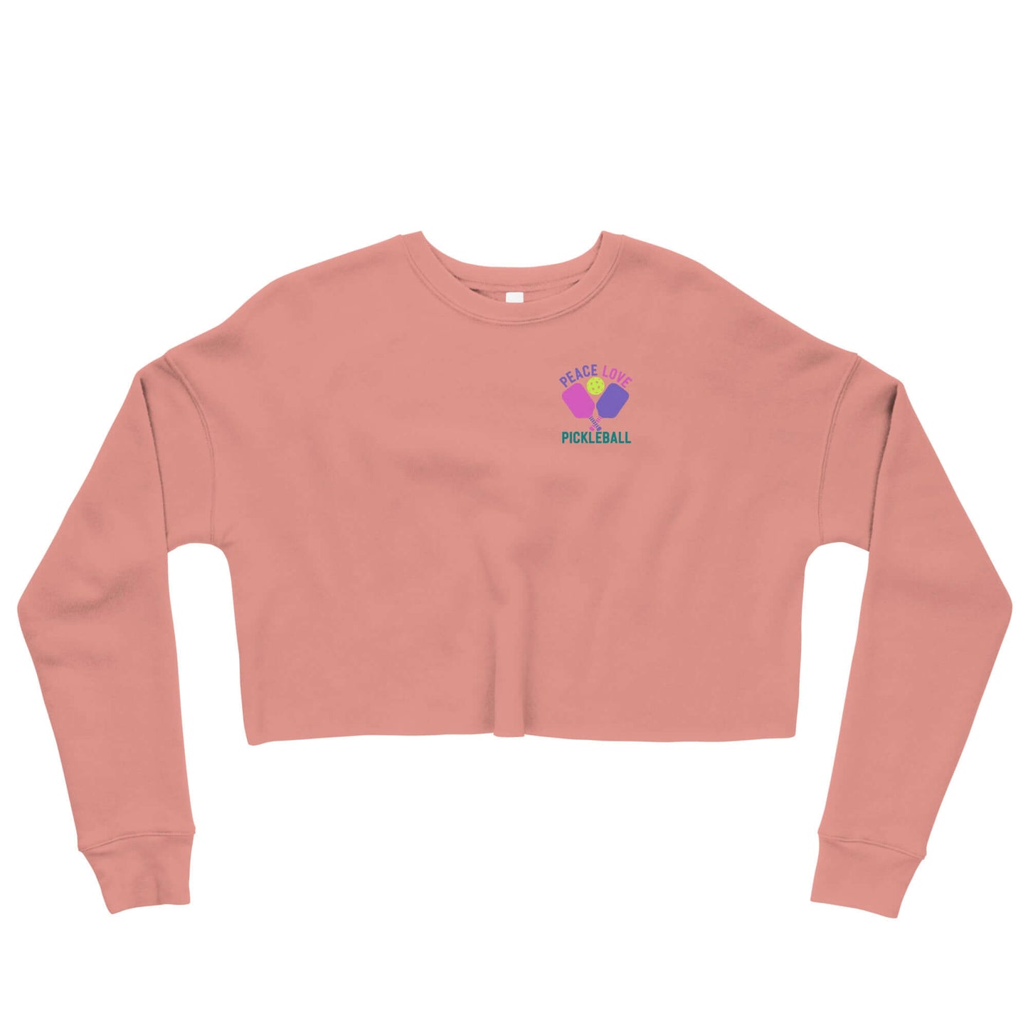 Women's peach crop sweatshirt with 'Peace, Love, Pickleball' graphic, perfect for on and off the court.