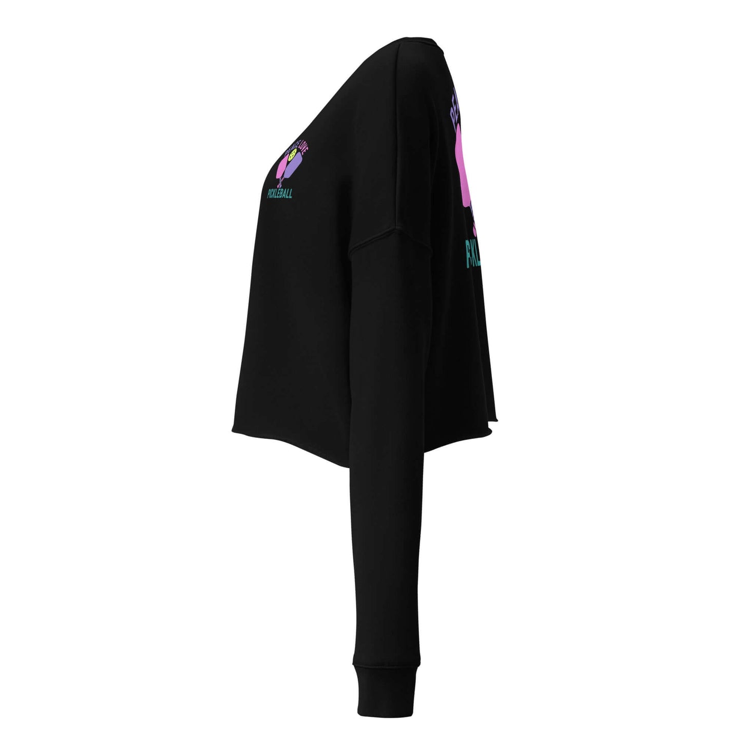 Side view of Women's Peace, Love, Pickleball Crop Sweatshirt in black, featuring trendy graphics for pickleball enthusiasts.