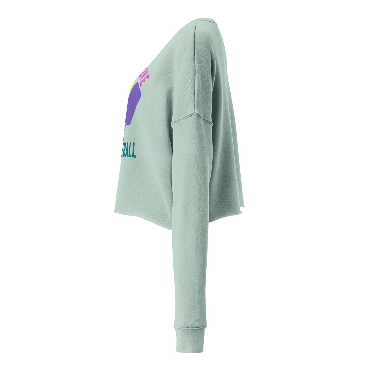 Side view of Women's Peace, Love, Pickleball Crop Sweatshirt in mint green, showcasing trendy design and comfortable fit.