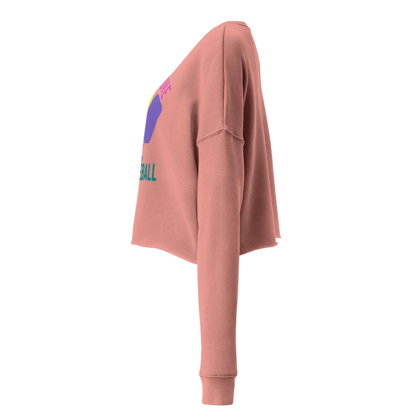 Side view of Women's Peace, Love, Pickleball Crop Sweatshirt in pink, showcasing trendy design and cozy fit.