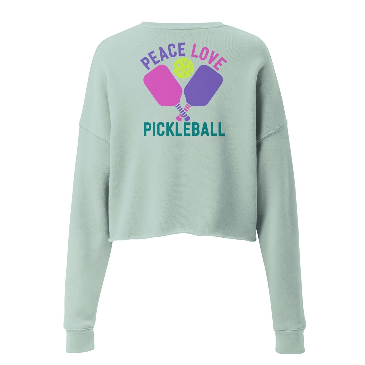 Back view of Women's Peace, Love, Pickleball Crop Sweatshirt in mint green with paddle design.