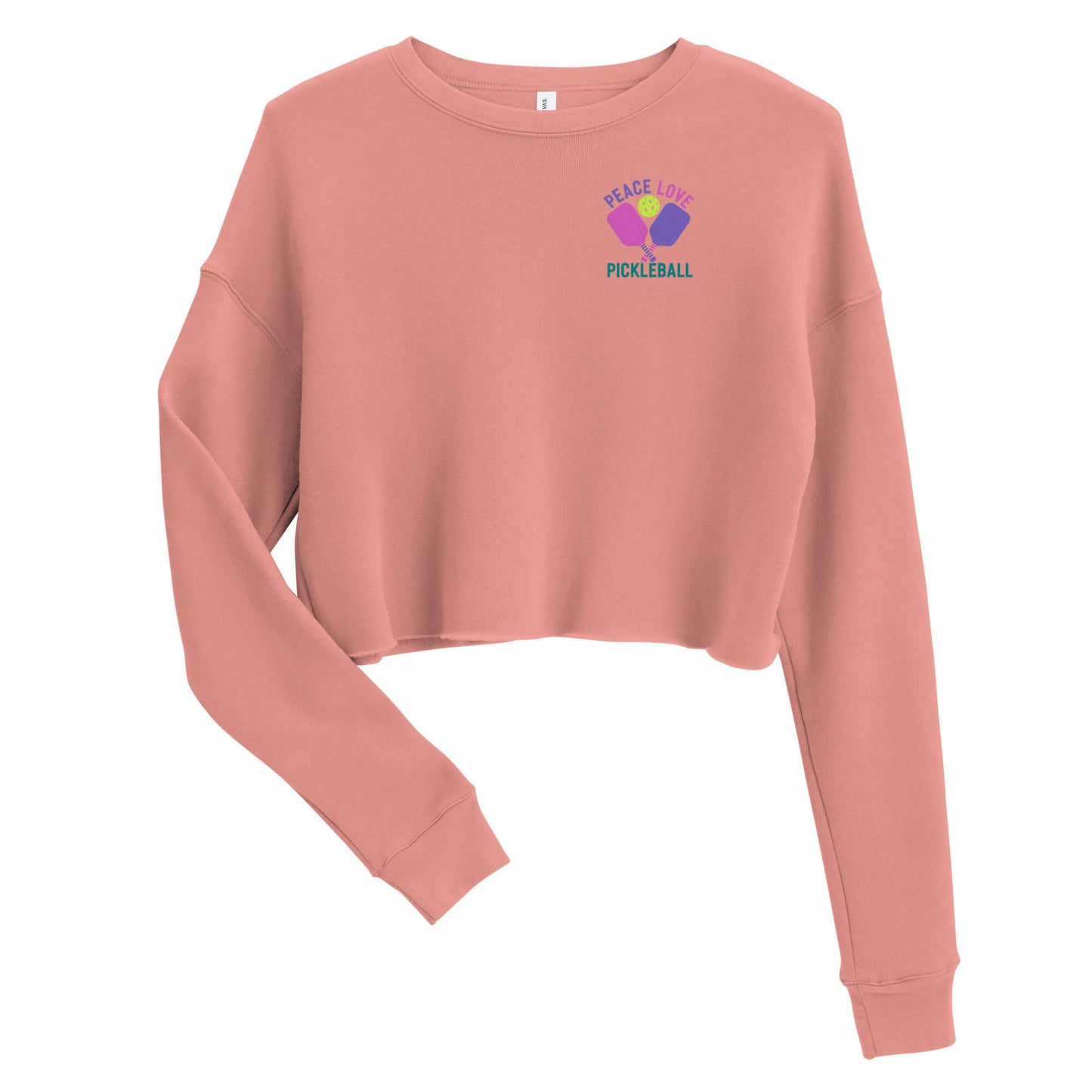 Women's crop sweatshirt featuring 'Peace, Love, Pickleball' graphic, stylish and comfortable for active wear.