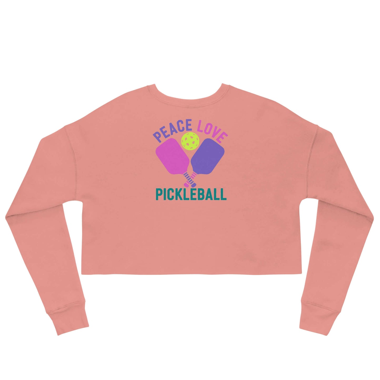 Women’s Peace, Love, Pickleball Crop Sweatshirt in coral with graphic design featuring paddles and pickleball.