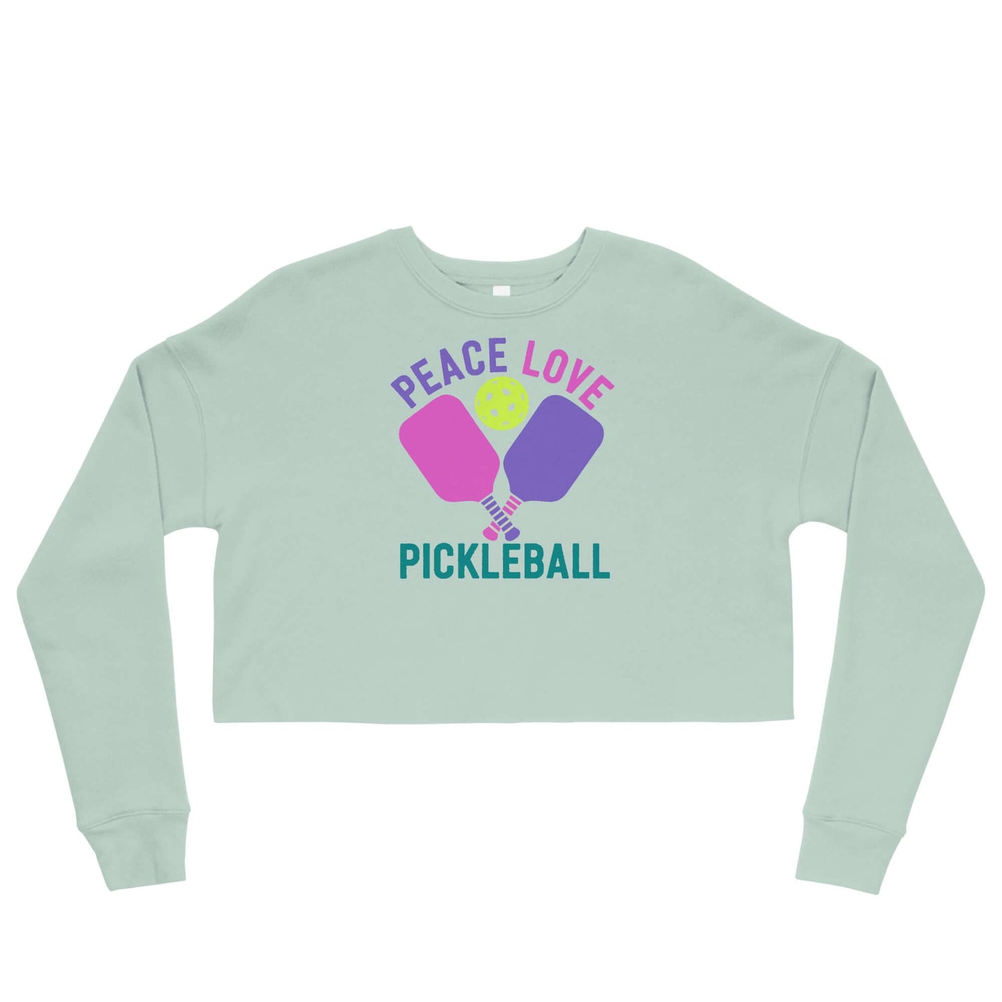Women's crop sweatshirt with 'Peace Love Pickleball' graphic in pastel colors.