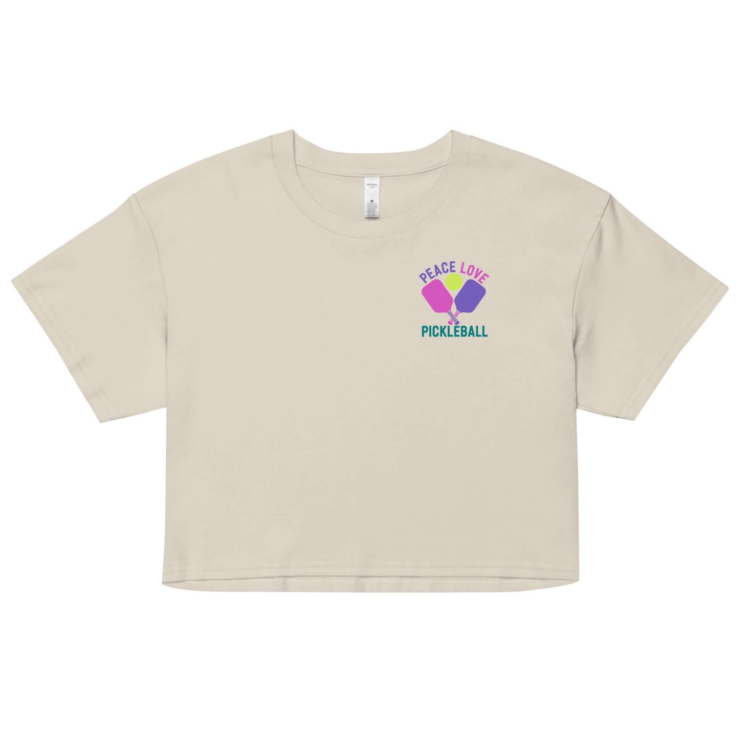 Women's crop top featuring 'Peace Love Pickleball' graphic, perfect for sporty and casual style.