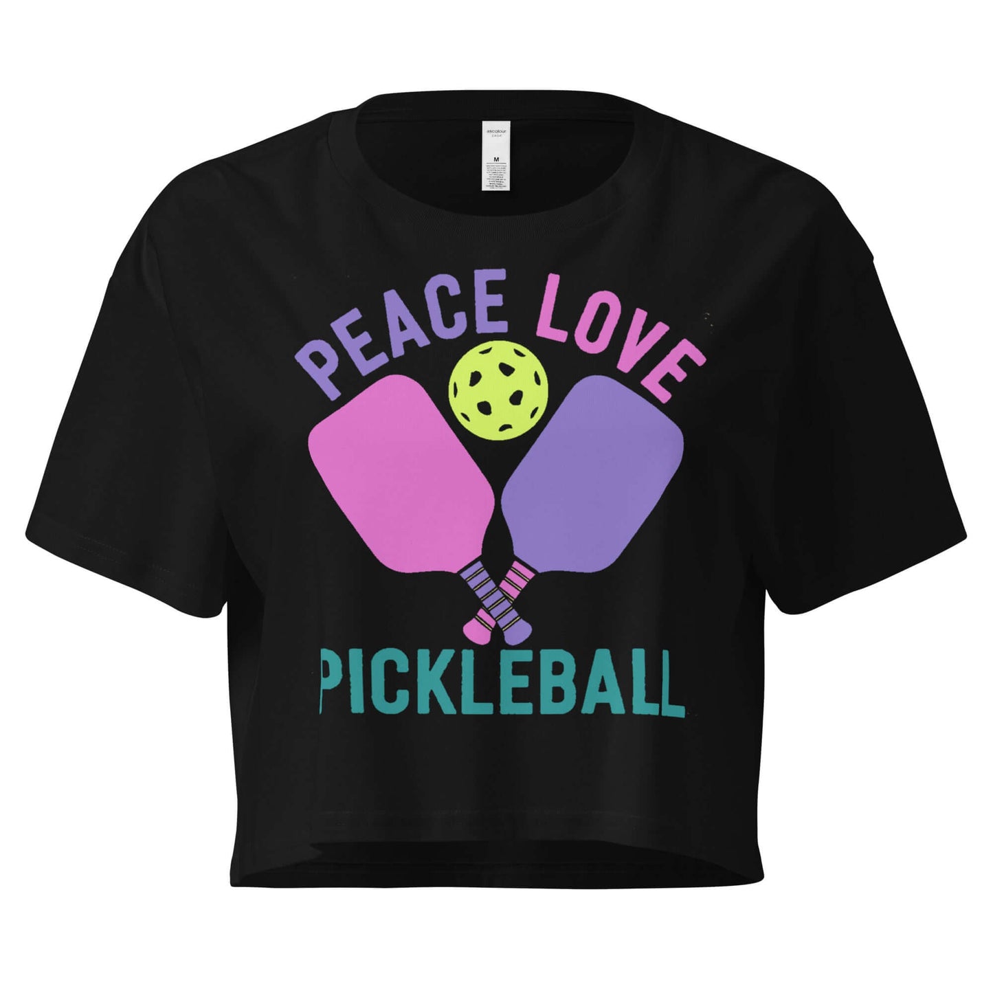 Women's black crop top with 'Peace, Love, Pickleball' graphic, featuring paddles and a pickleball.