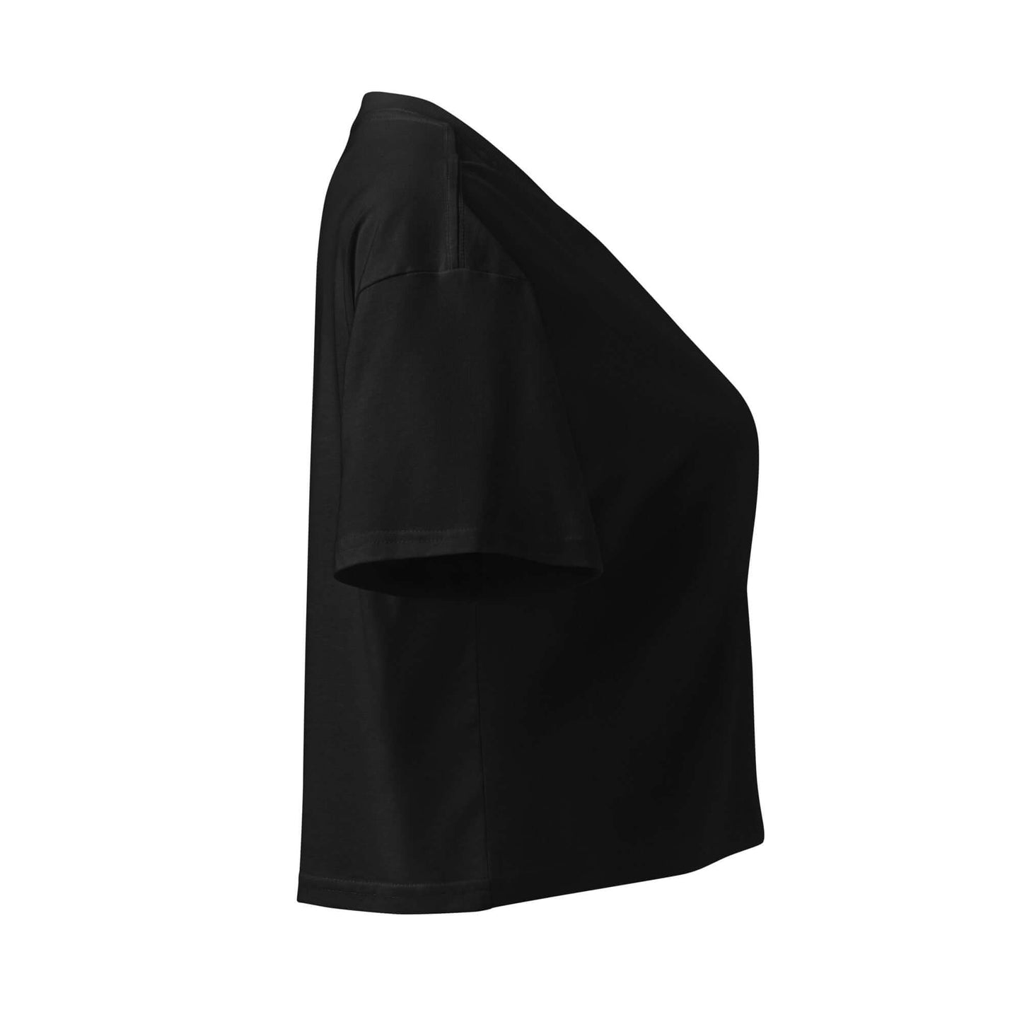 Side view of Women's Peace, Love, Pickleball Crop Top in black, perfect for sporty chic style and comfort.