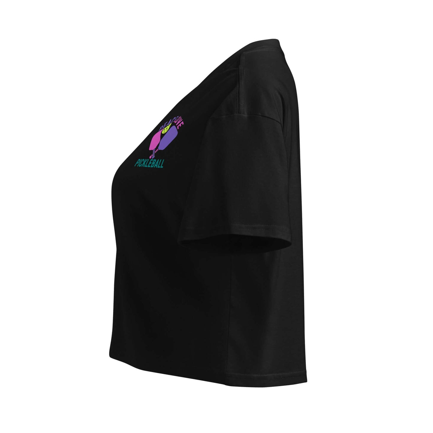 Side view of a black Women's Peace, Love, Pickleball Crop Top featuring playful graphics and a sporty design.