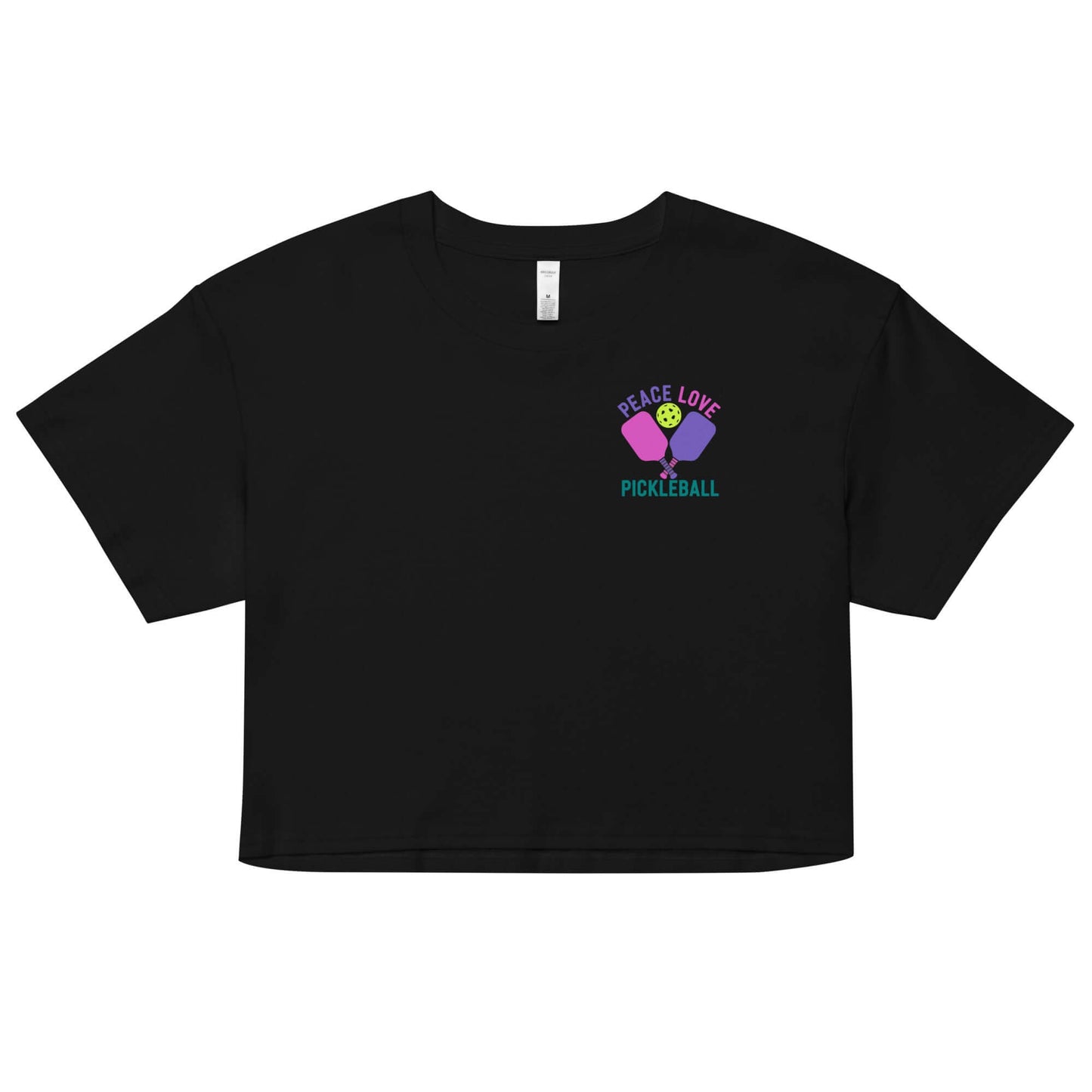 Black women's crop top featuring 'Peace Love Pickleball' design for sporty, casual style.