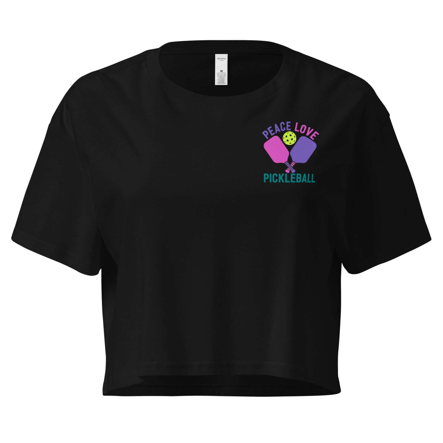 Black women's crop top featuring 'Peace Love Pickleball' graphic design, perfect for pickleball enthusiasts.