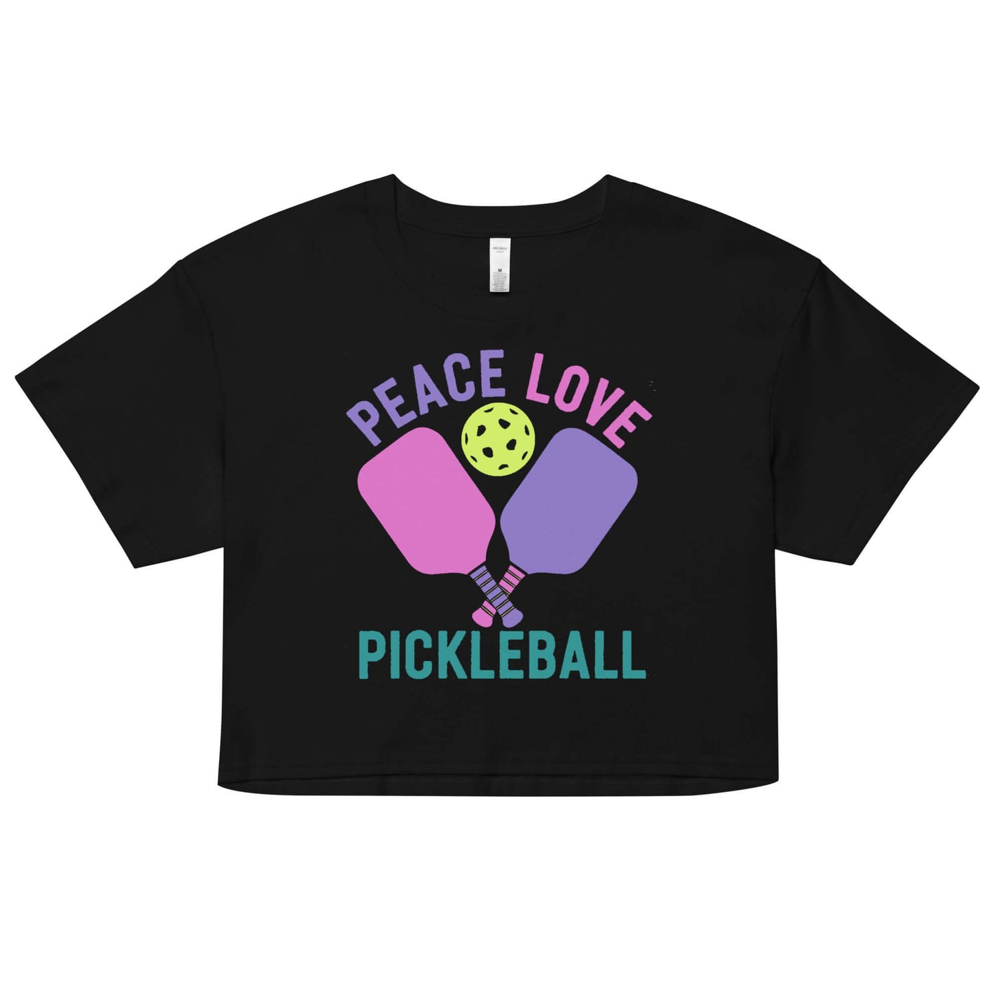Black crop top featuring 'Peace Love Pickleball' design with paddles and ball.