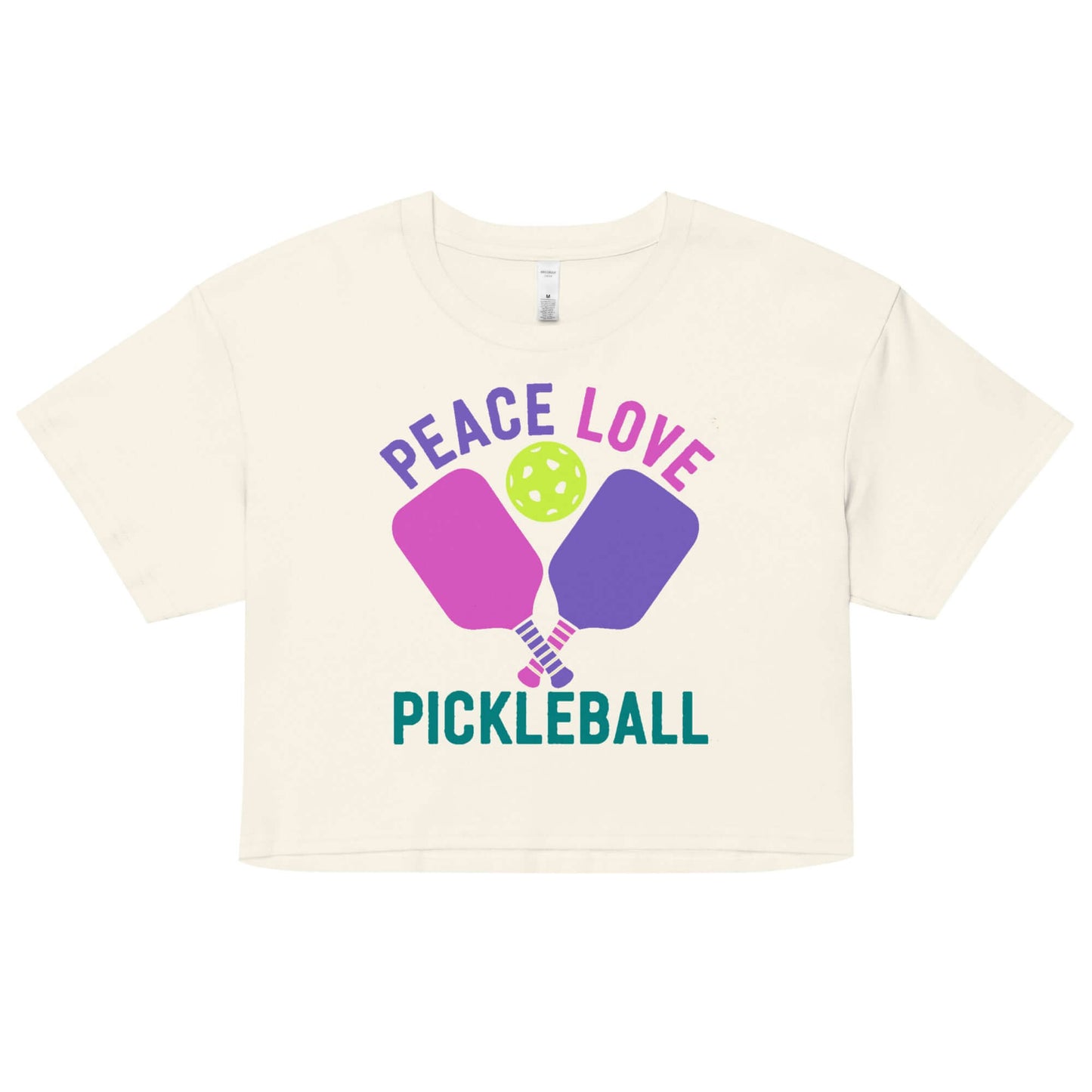 Women's crop top featuring "Peace, Love, Pickleball" design, perfect for pickleball enthusiasts.
