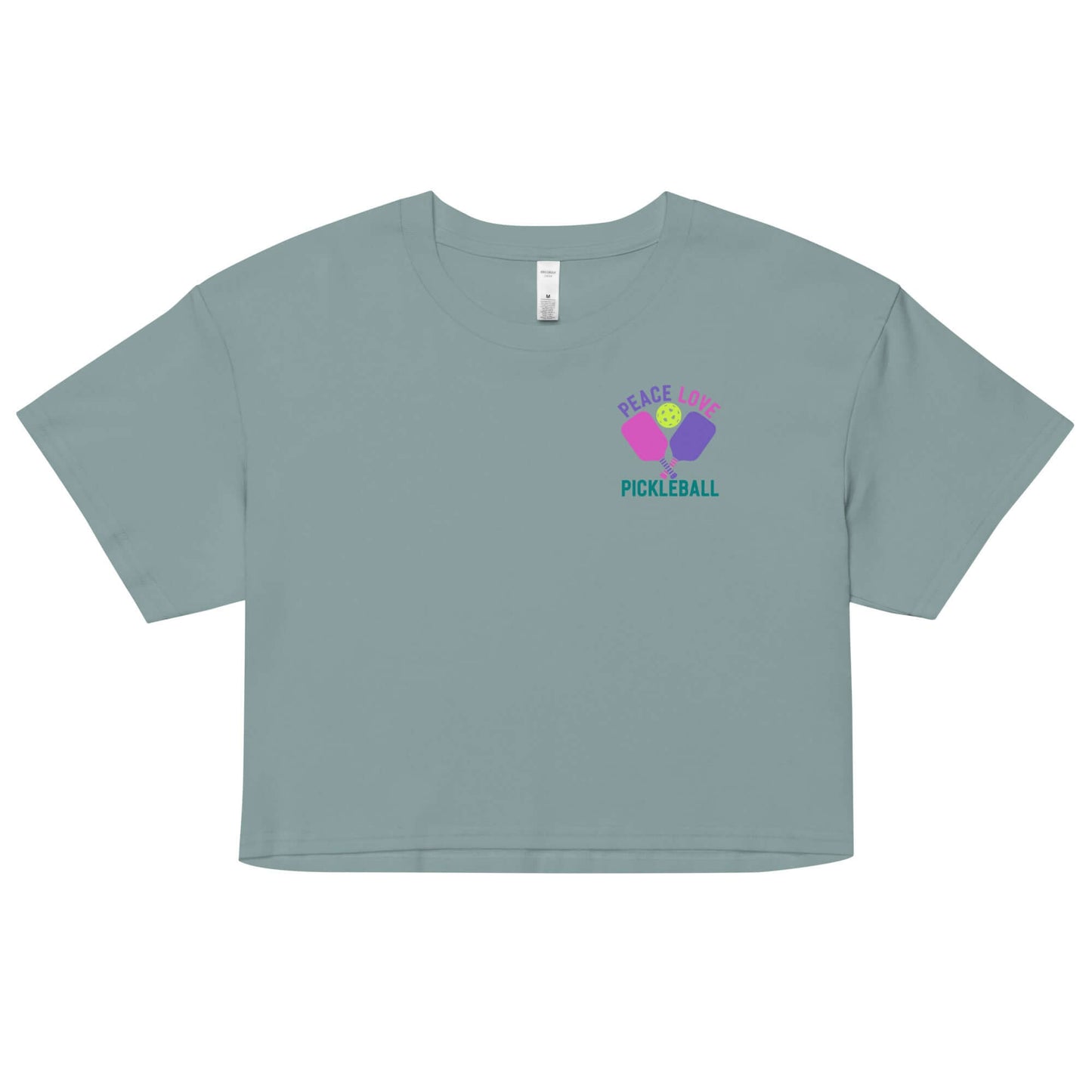 Women's Peace Love Pickleball Crop Top in green with pickleball graphic, perfect for sporty and stylish wear.
