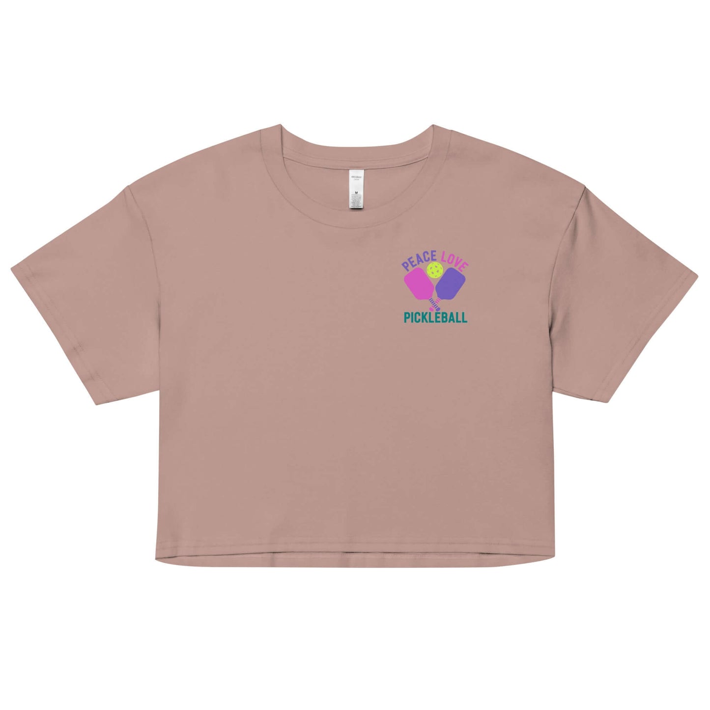 Women's Peace Love Pickleball crop top in light brown, featuring playful pickleball graphic.