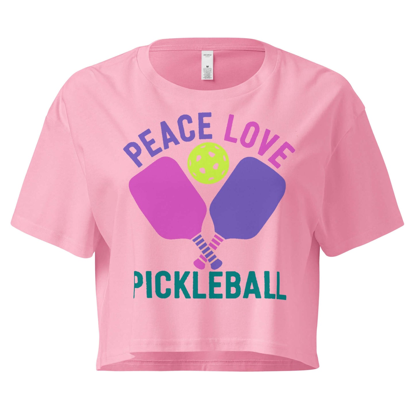 Women's pink crop top with "Peace, Love, Pickleball" design and graphic paddles and ball.