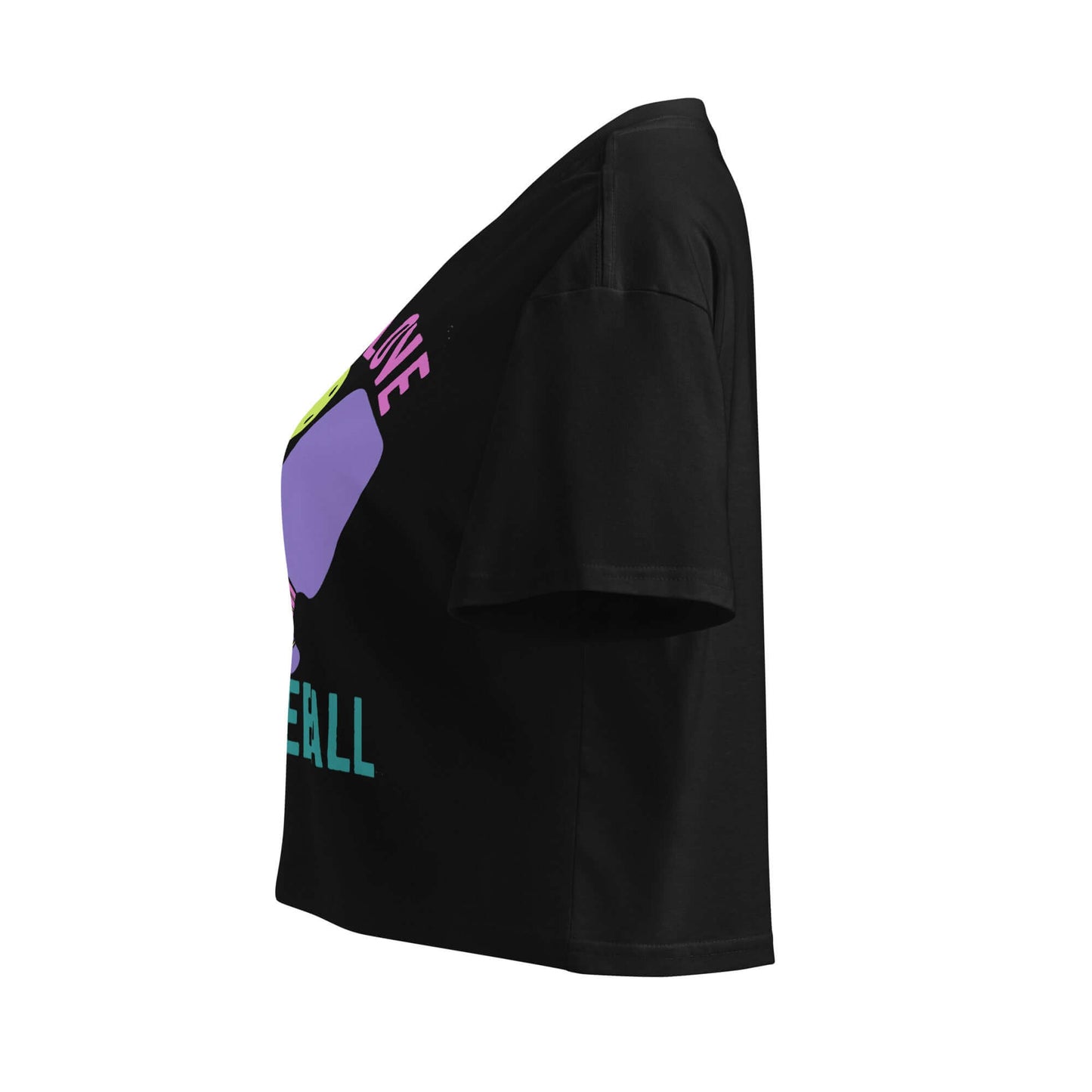 Side view of Women's Peace, Love, Pickleball Crop Top in black, showcasing vibrant pickleball design.