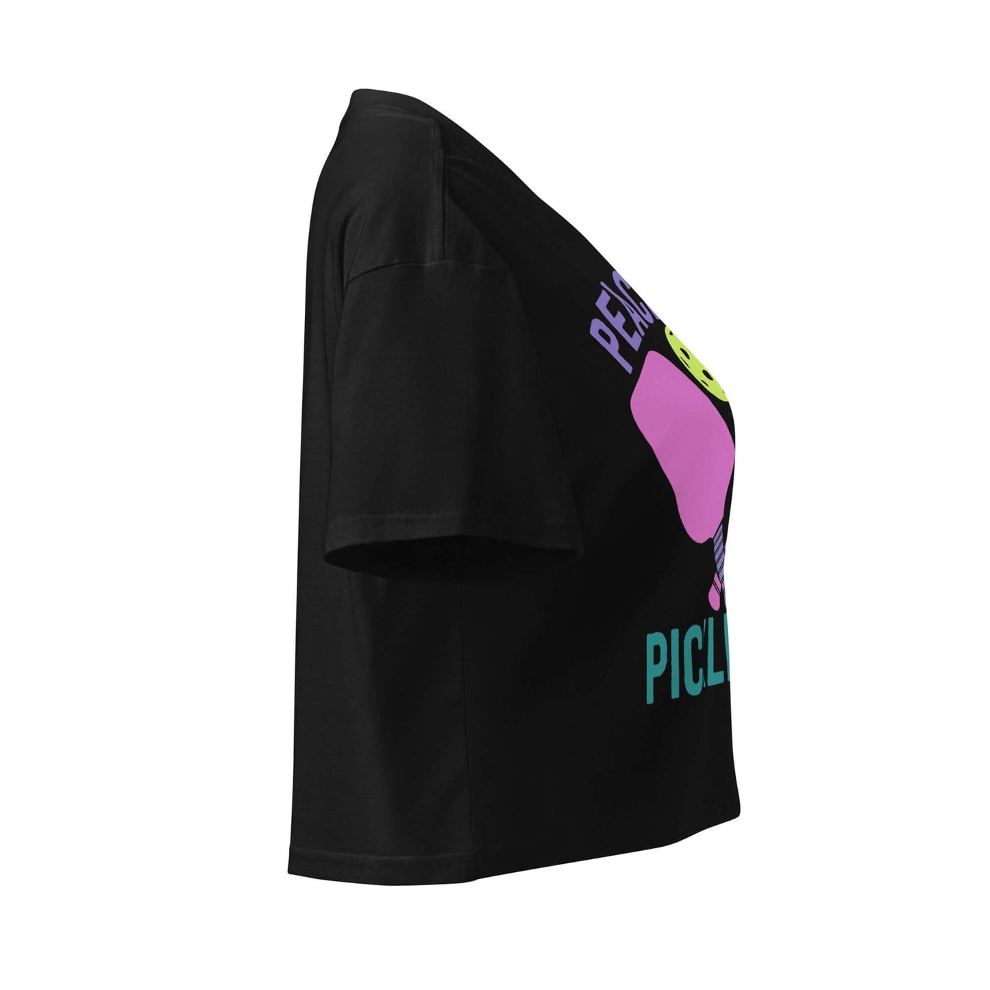 Side view of Women's Peace, Love, Pickleball Crop Top, featuring vibrant design in black, perfect for stylish pickleball enthusiasts.