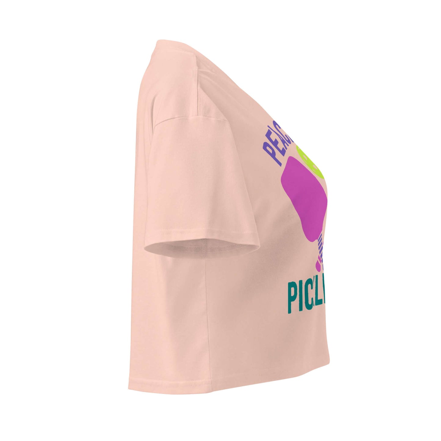 Women's Peace, Love, Pickleball crop top in light color, featuring a fun pickleball graphic.