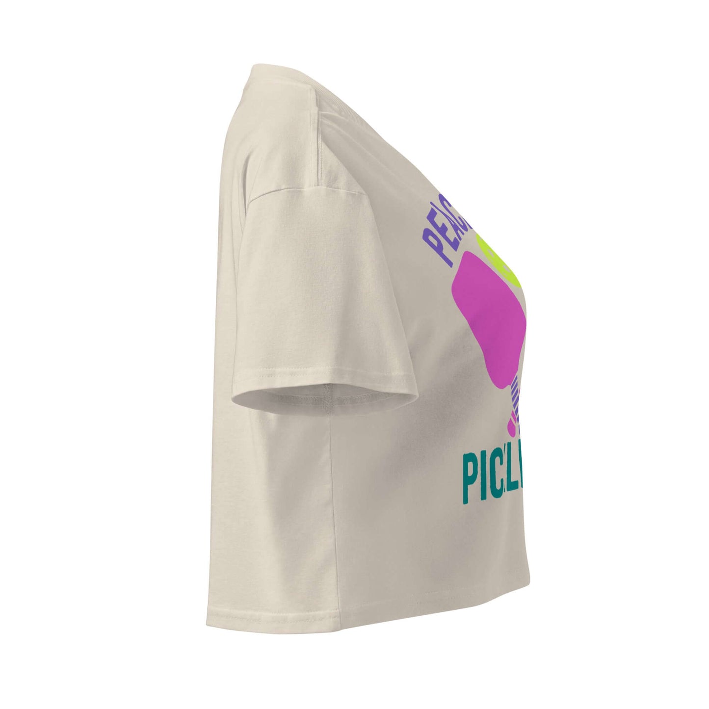 Women's Peace, Love, Pickleball crop top in beige with vibrant graphics, ideal for sporty and stylish pickleball lovers.