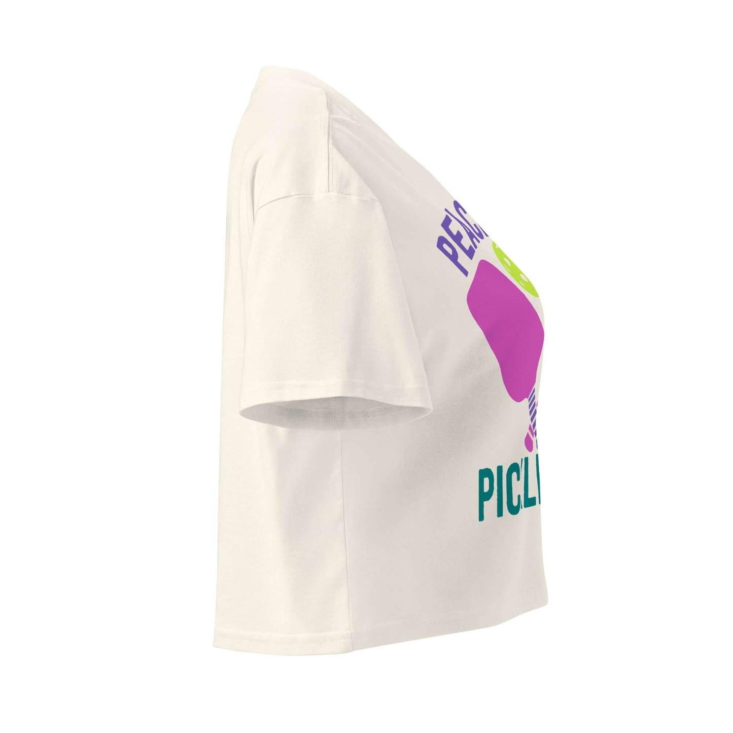 Side view of Women's Peace, Love, Pickleball Crop Top showcasing vibrant design and comfortable fit.