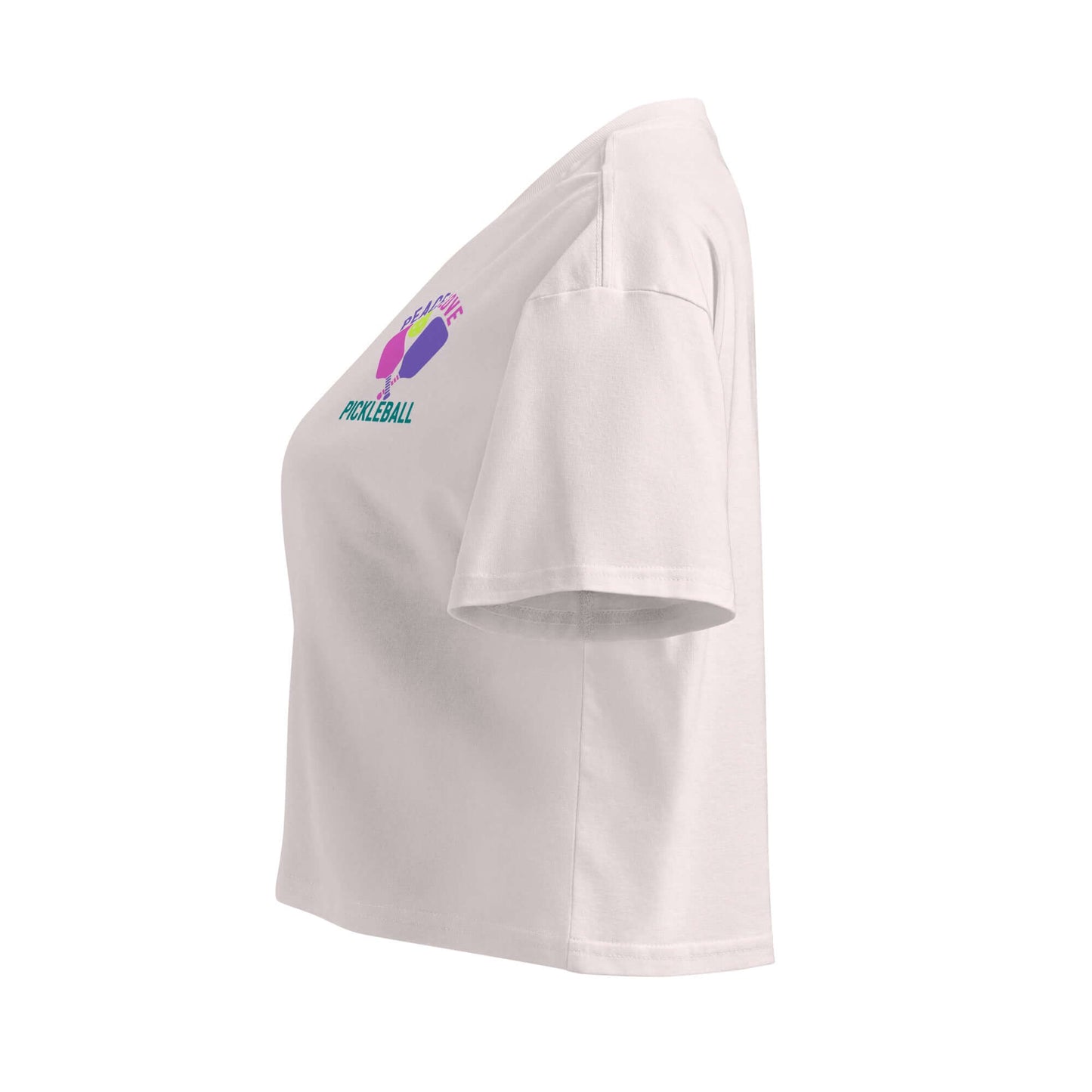 Women's crop top featuring 'Peace, Love, Pickleball' design, perfect for sporty and casual occasions.