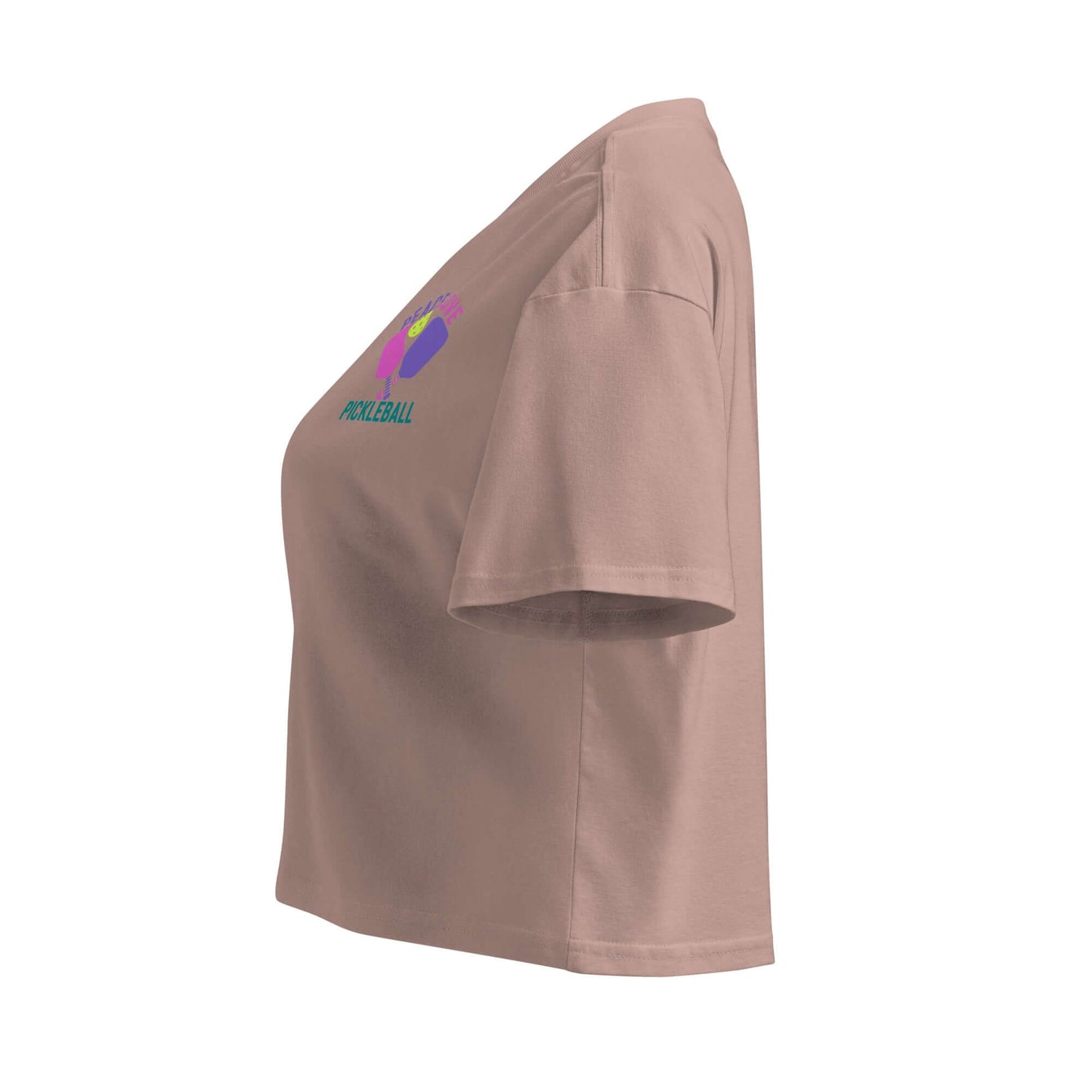 Women's Peace, Love, Pickleball Crop Top in earthy tone, featuring sporty design and colorful graphic.