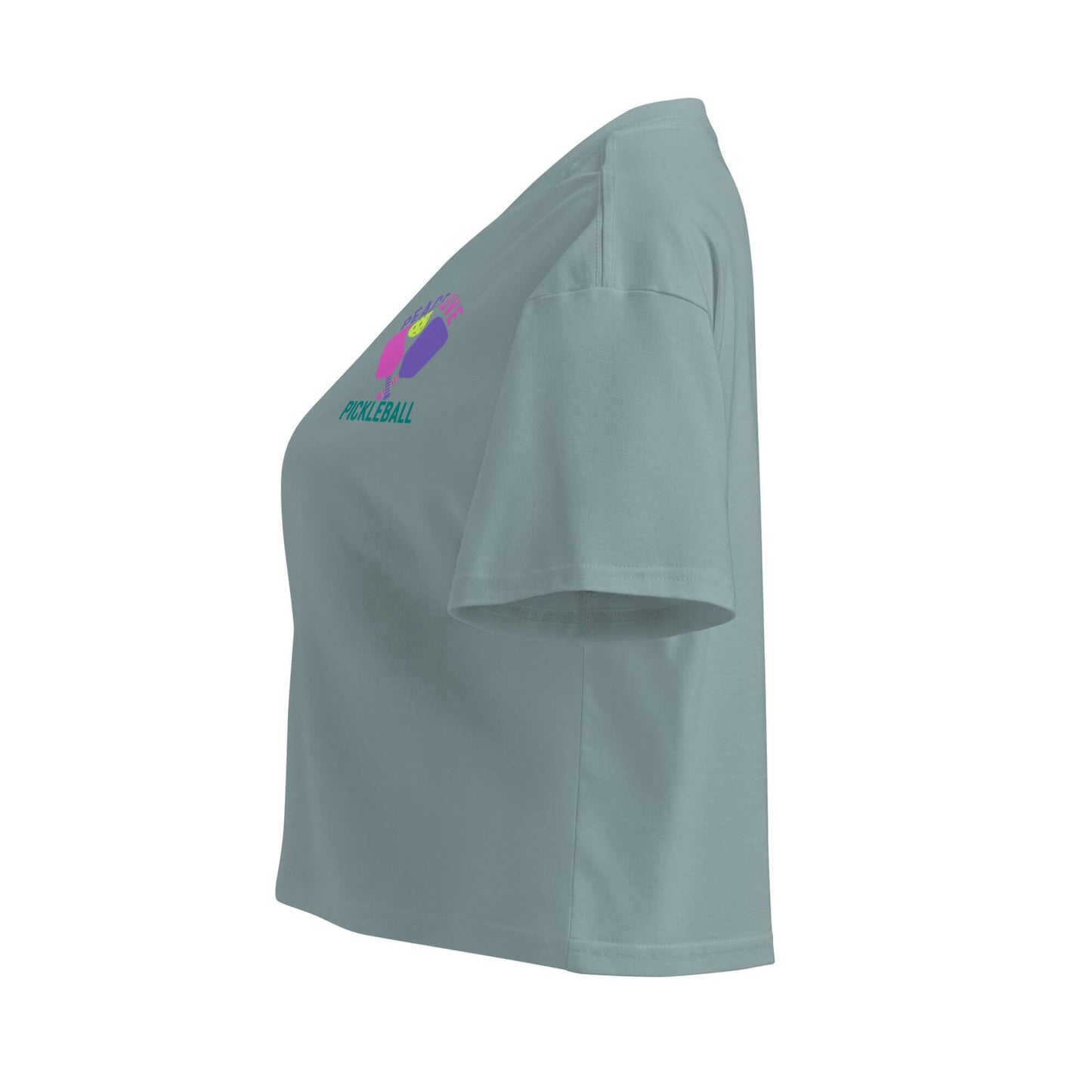 Women's Peace, Love, Pickleball Crop Top in sage green, featuring stylish graphic design.