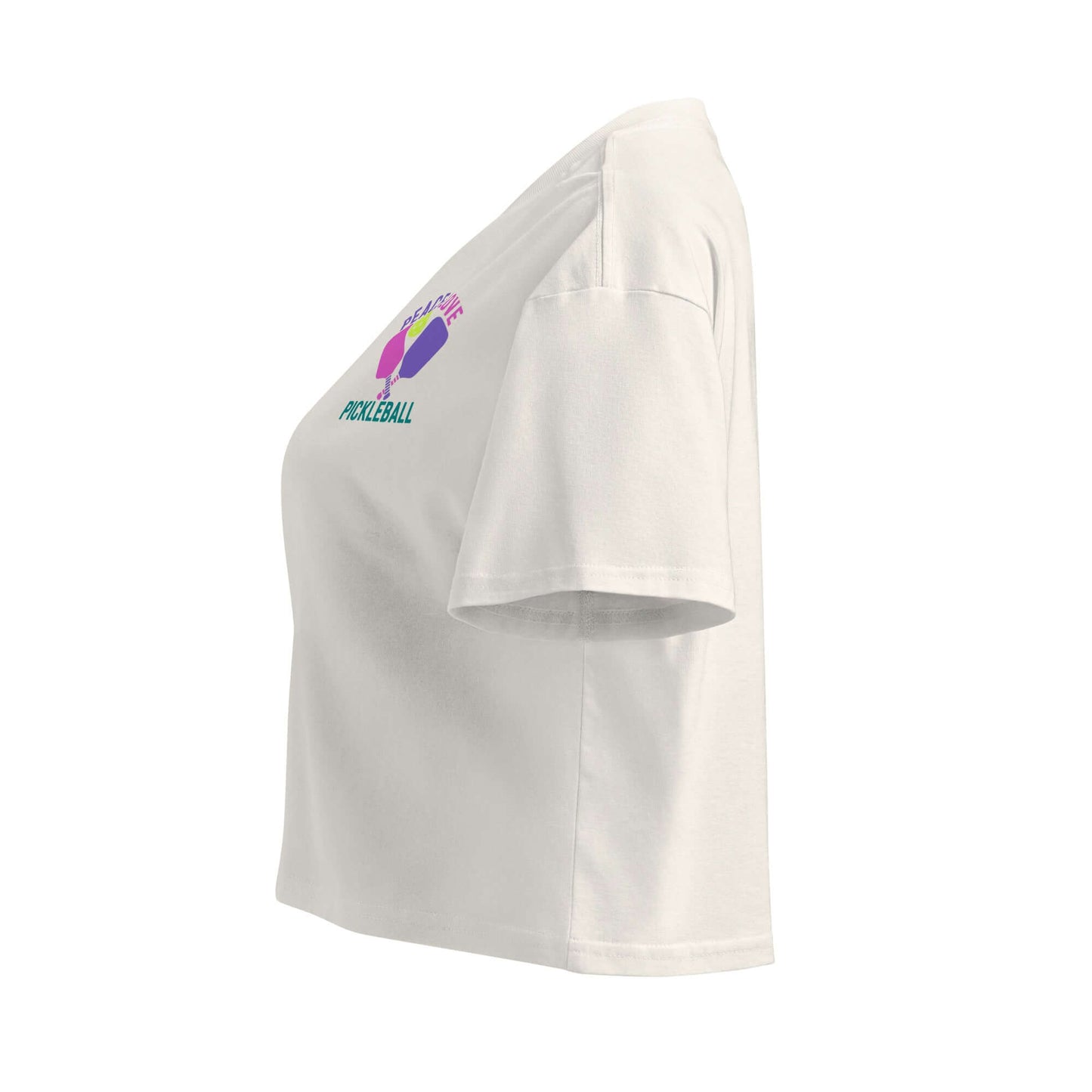 Women's Peace, Love, Pickleball Crop Top in white, showcasing a chic sporty design, perfect for on and off the court.
