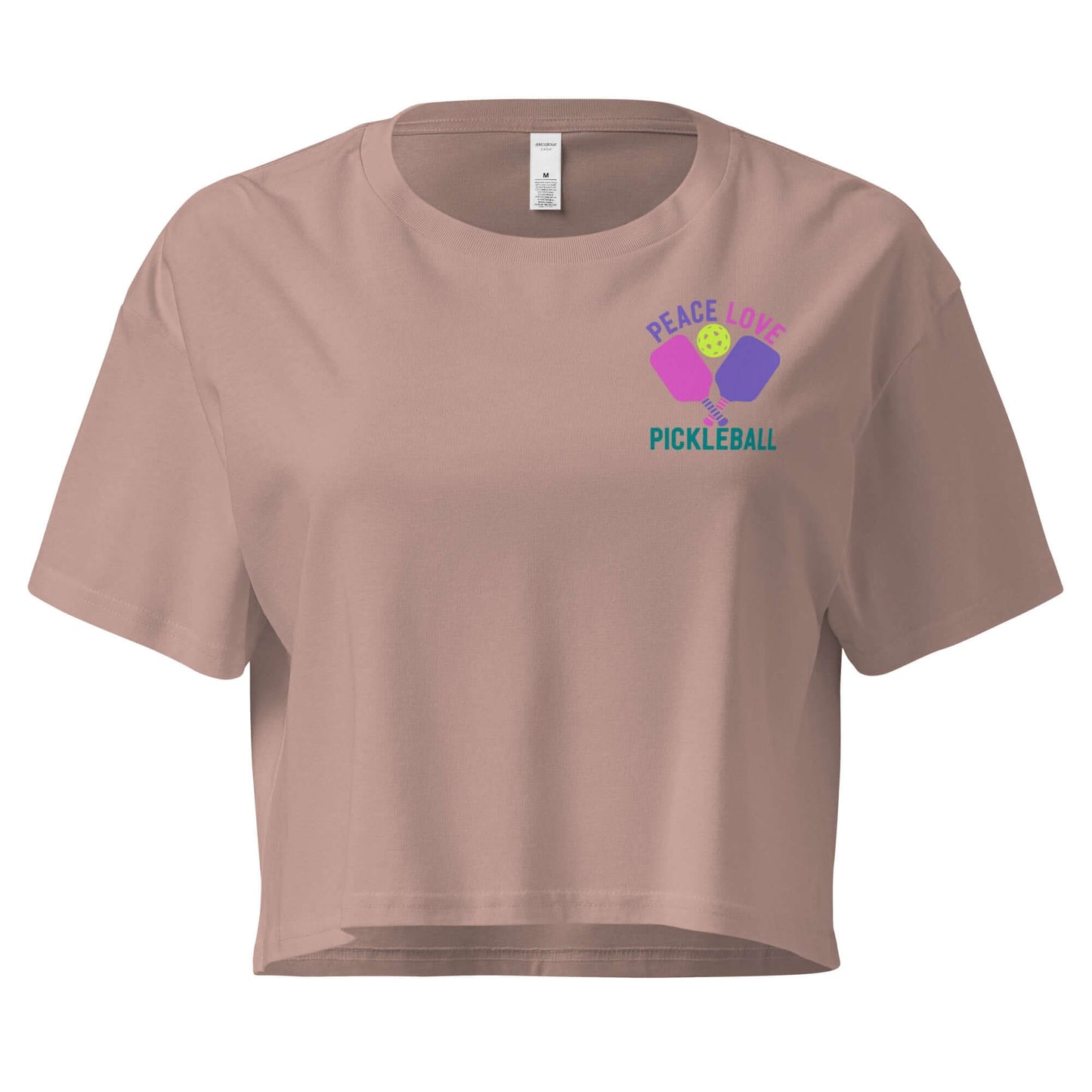 Women's Peace, Love, Pickleball crop top in soft beige color, featuring playful pickleball graphic and stylish cropped design.