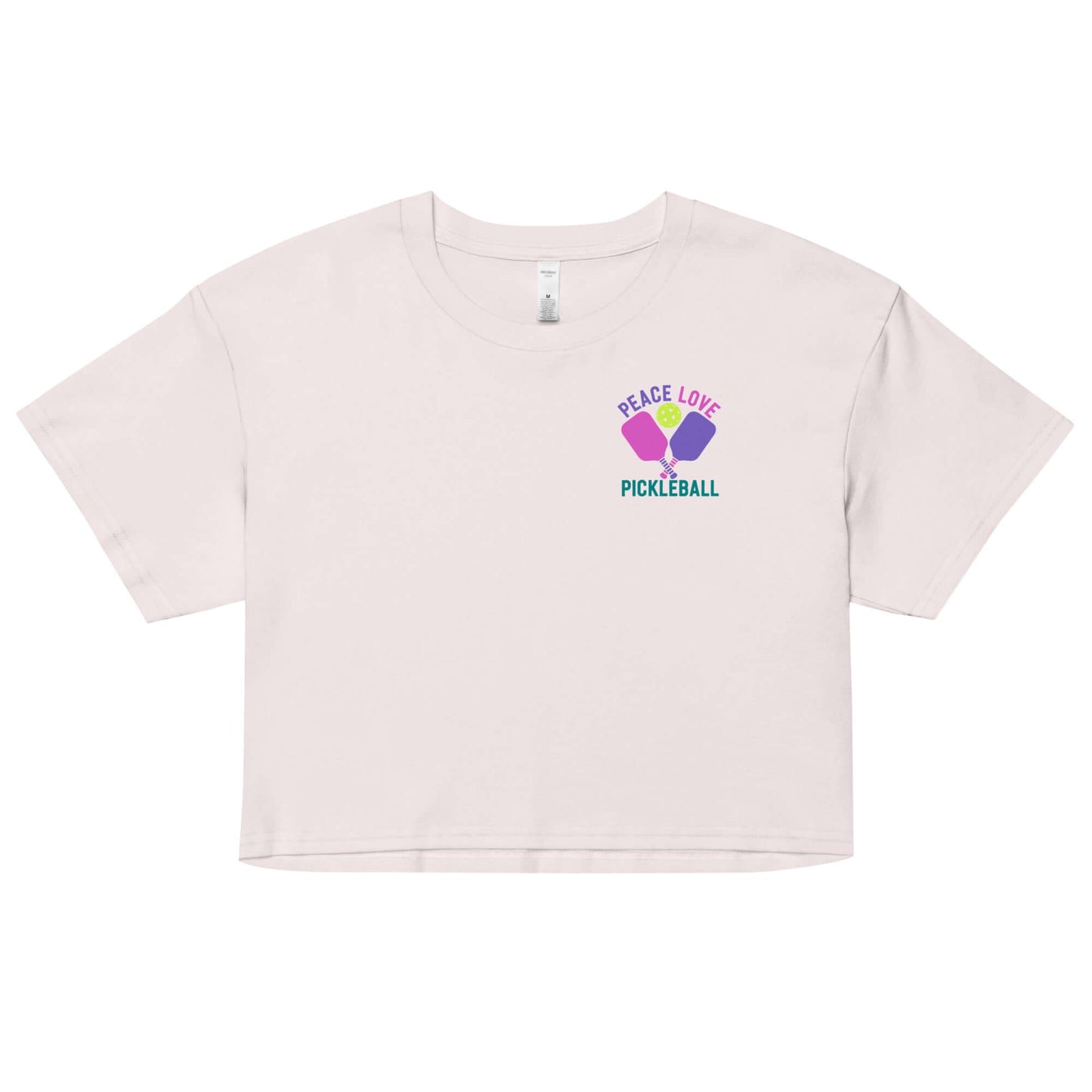 Women’s Peace Love Pickleball crop top in light color with sporty graphic design.