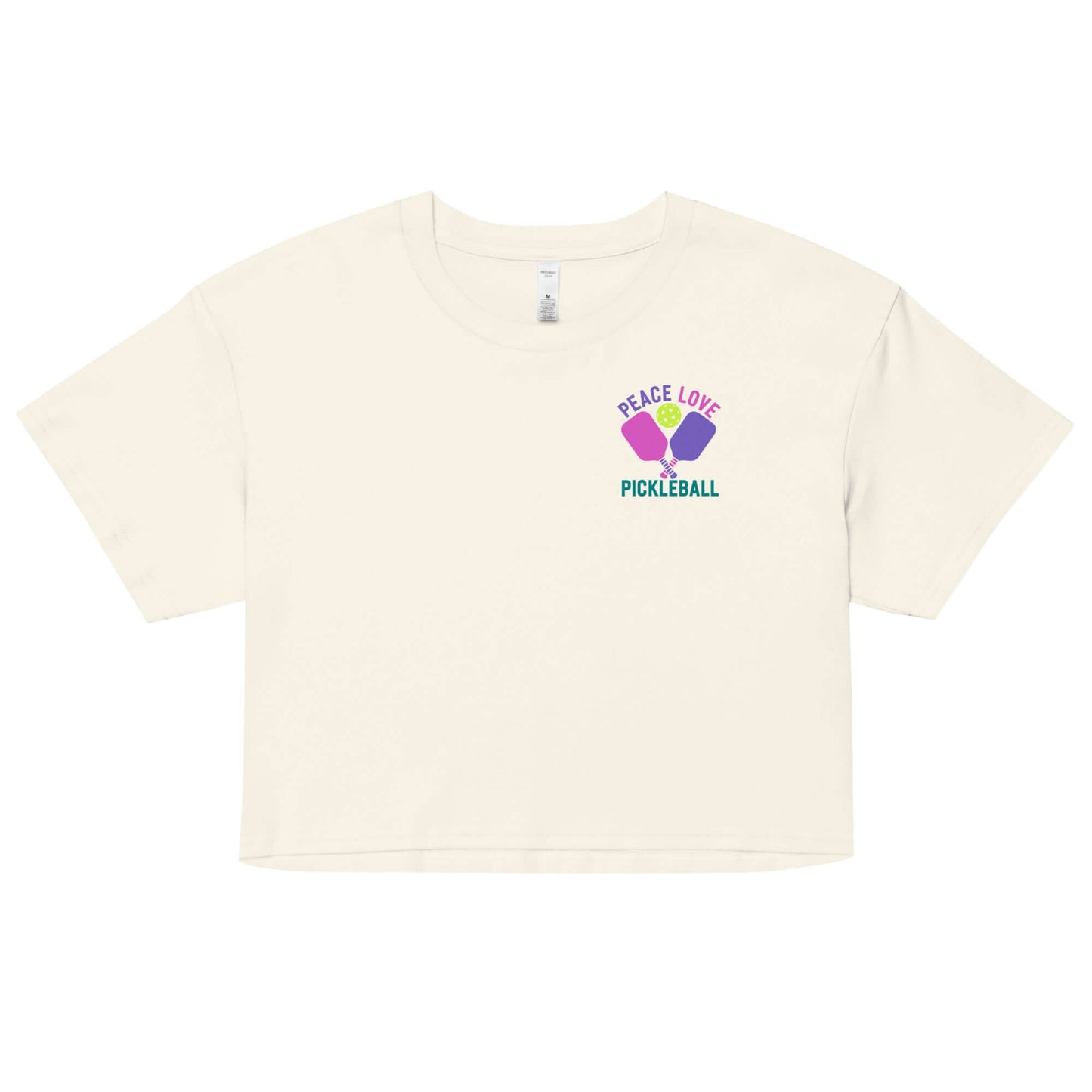 Women's crop top featuring 'Peace Love Pickleball' design in pastel colors.