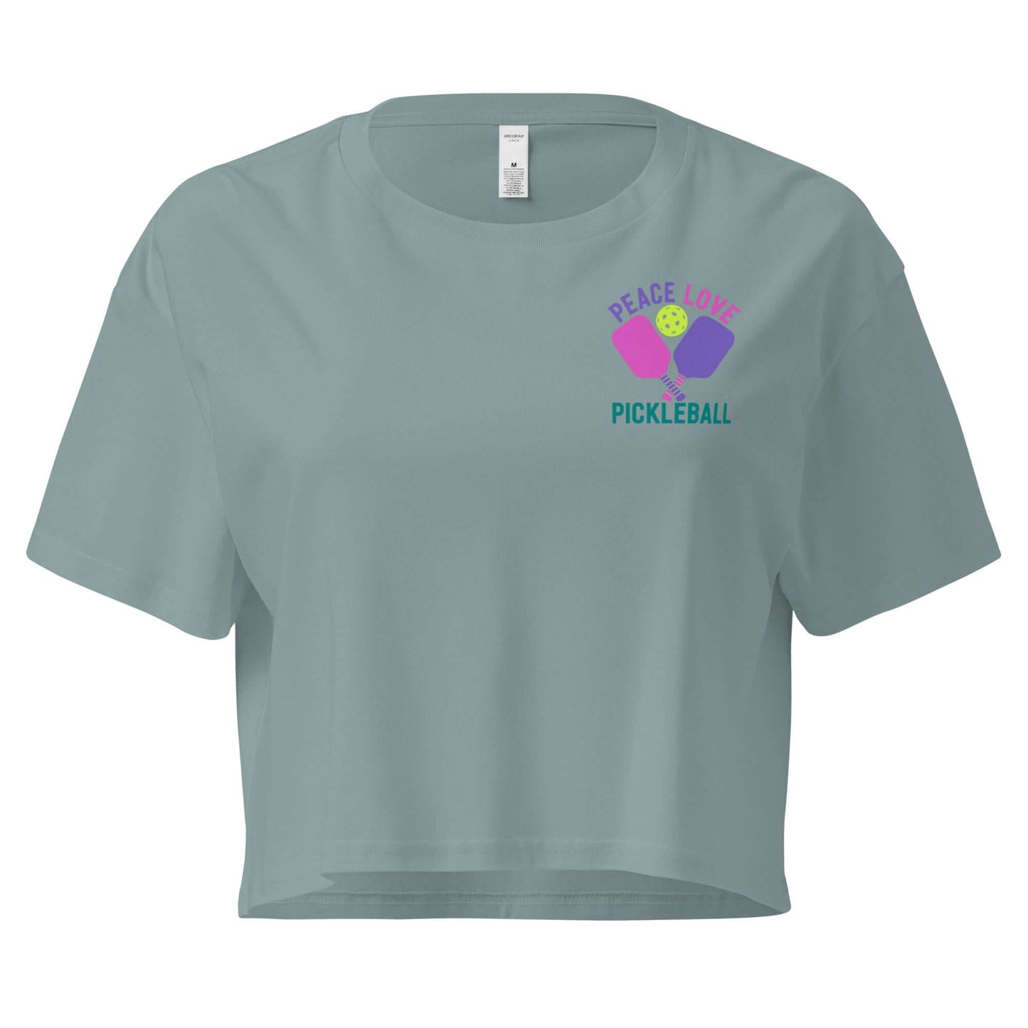 Women's Peace Love Pickleball Crop Top in mint green, perfect for stylish athletes and casual wear.
