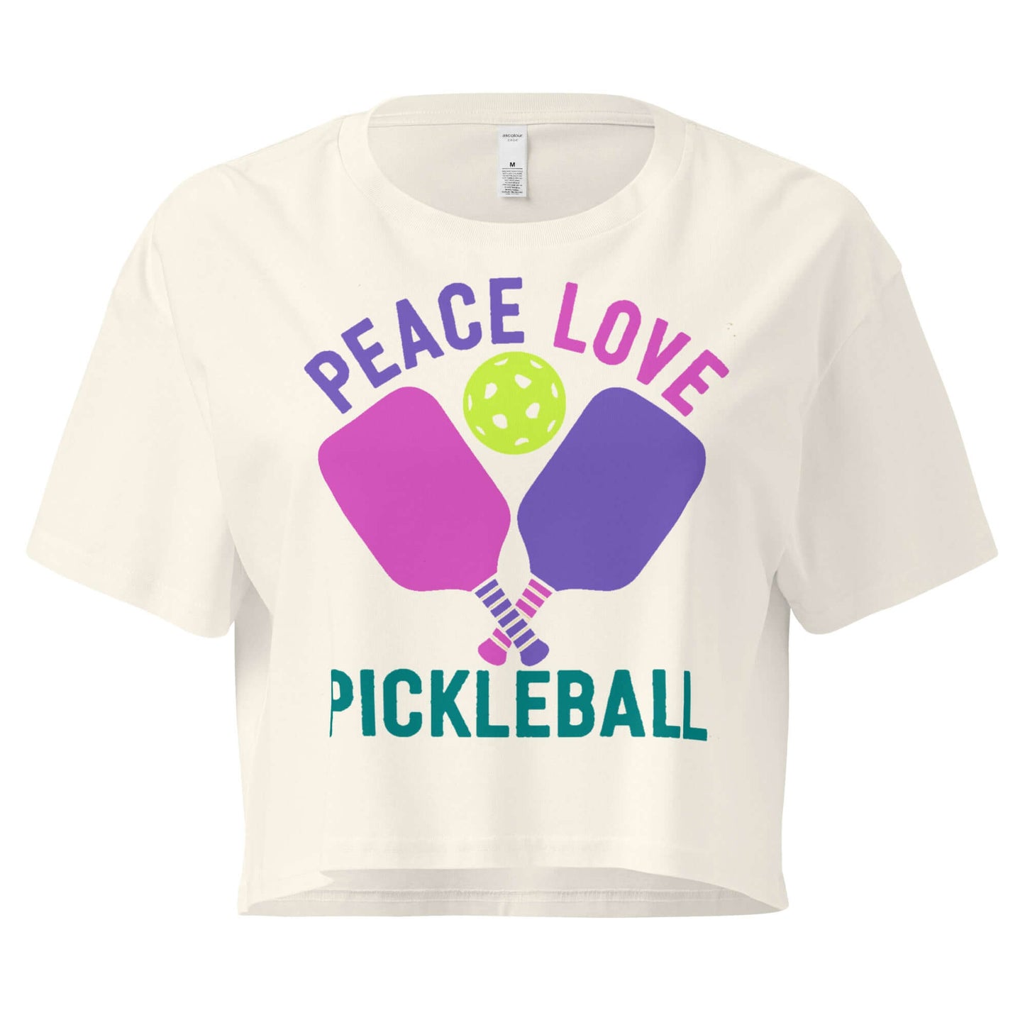 Women's crop top featuring 'Peace Love Pickleball' design with paddles and a ball.