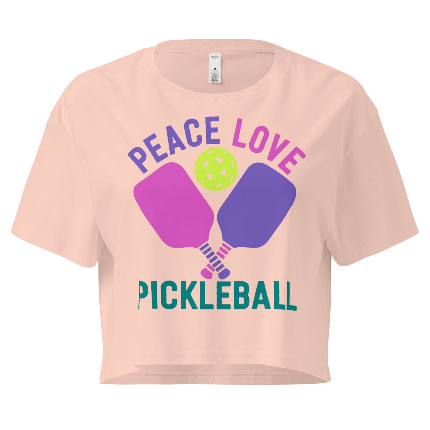 Women's crop top with 'Peace Love Pickleball' design, featuring paddles and a ball in vibrant colors.