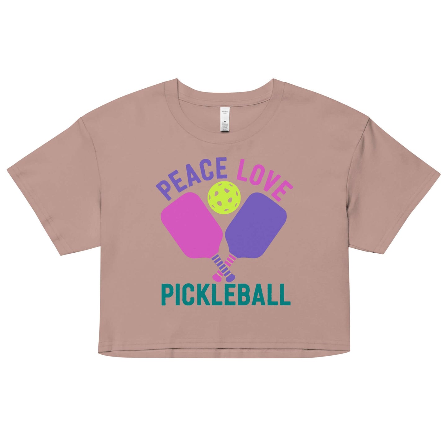 Women's crop top featuring 'Peace Love Pickleball' design with colorful paddles and ball.