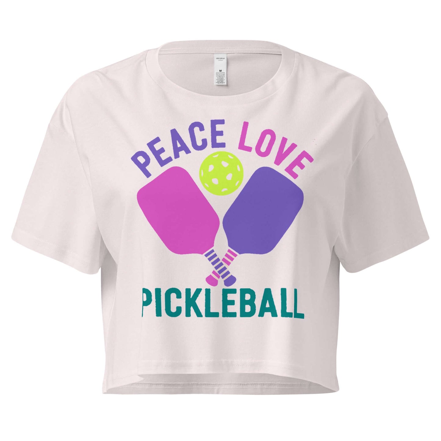 Women's crop top featuring 'Peace, Love, Pickleball' graphic design, perfect for stylish pickleball enthusiasts.