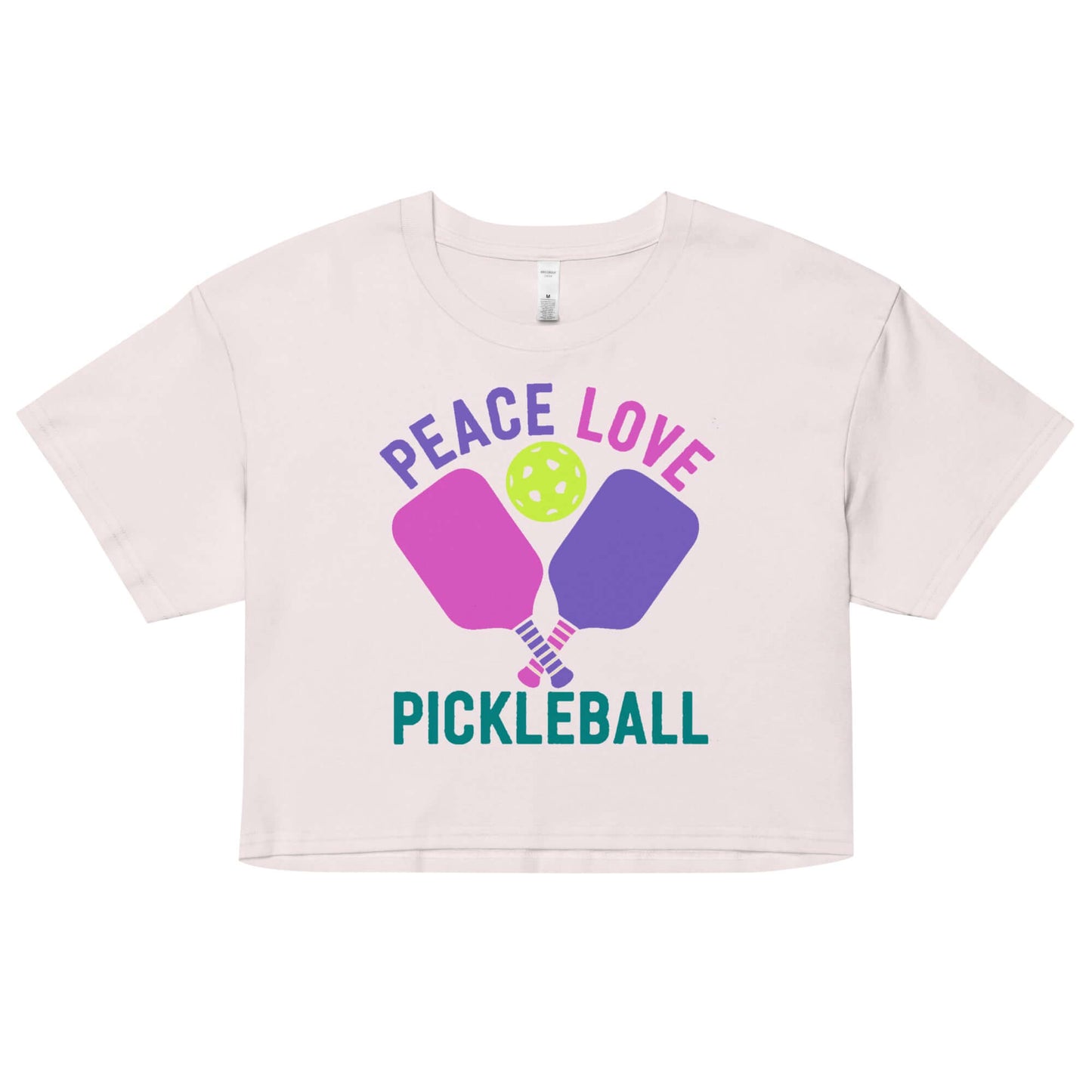 Women's crop top featuring 'Peace, Love, Pickleball' design with paddles and ball in vibrant colors.