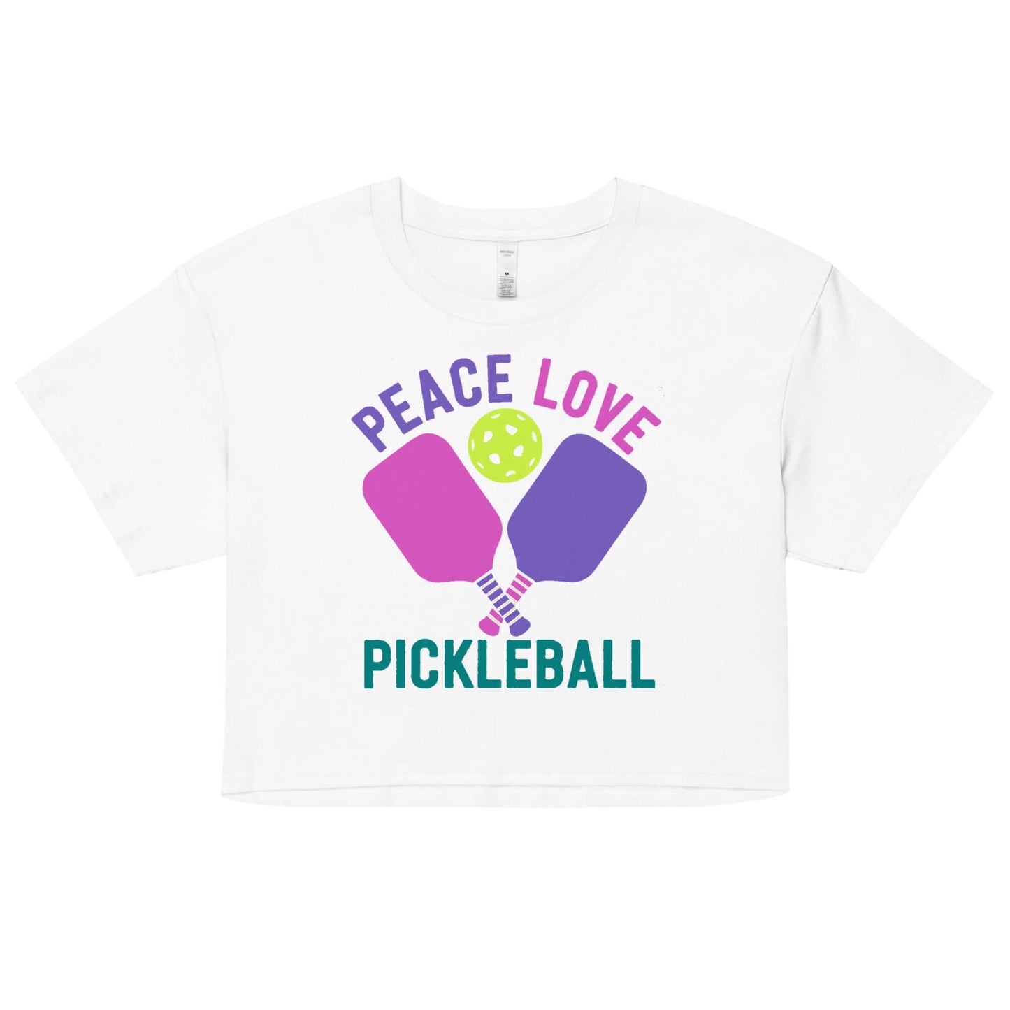 Women's crop top with 'Peace Love Pickleball' design, perfect for pickleball enthusiasts.