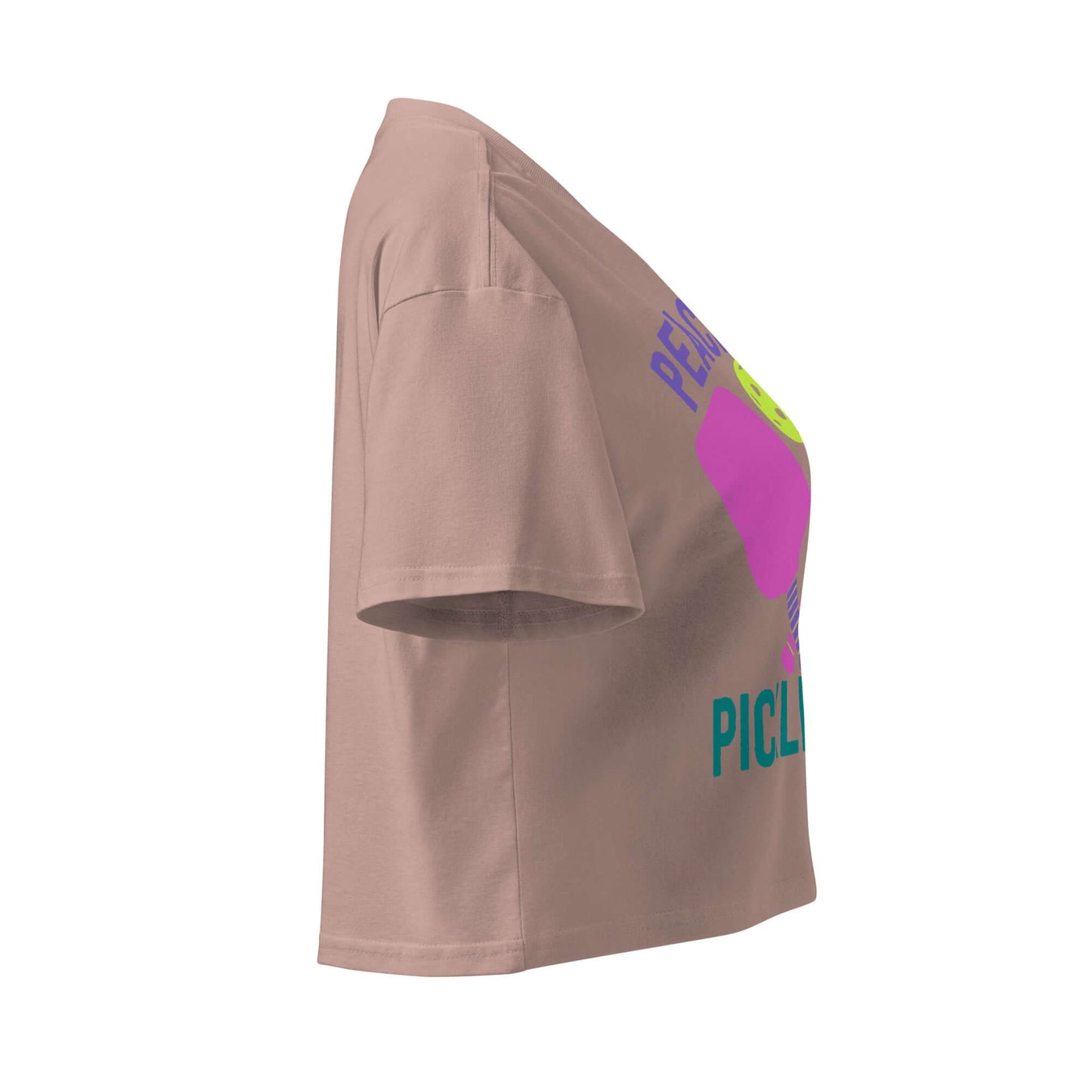 Women's Peace, Love, Pickleball Crop Top in beige, stylish design for players and fans of pickleball.