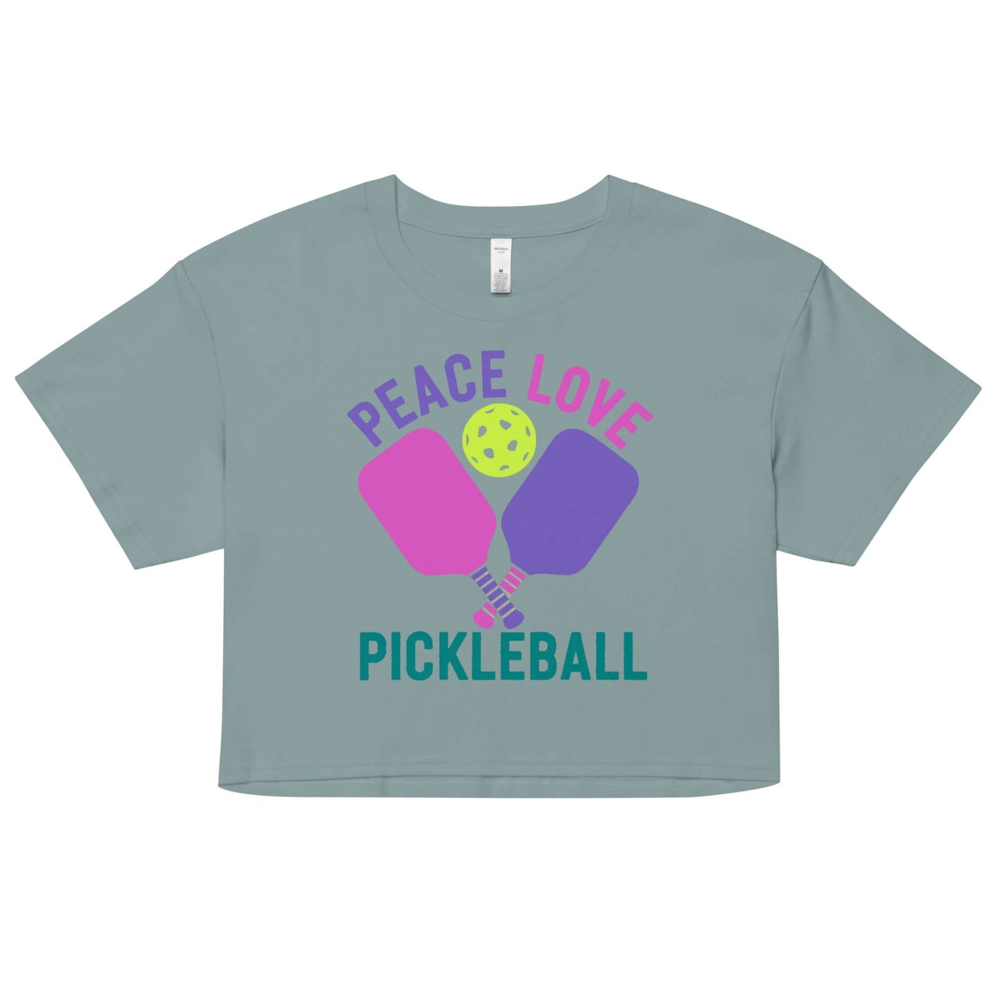 Women's crop top featuring 'Peace, Love, Pickleball' design with paddles and ball.